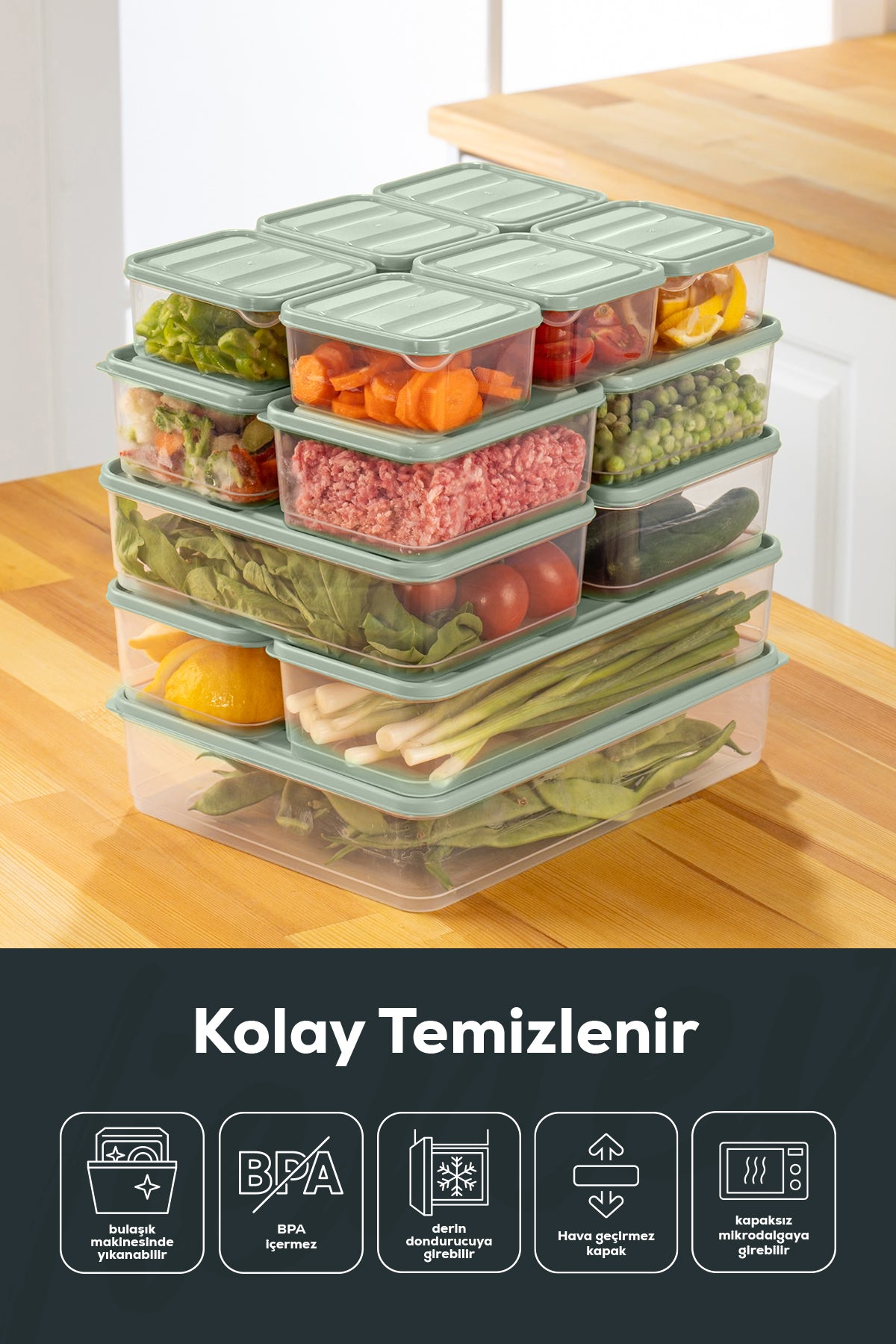 15'li Buzdolabı Düzenleyici Organizer Mikrodalgaya Uygun Difriz Saklama Kabı Mint