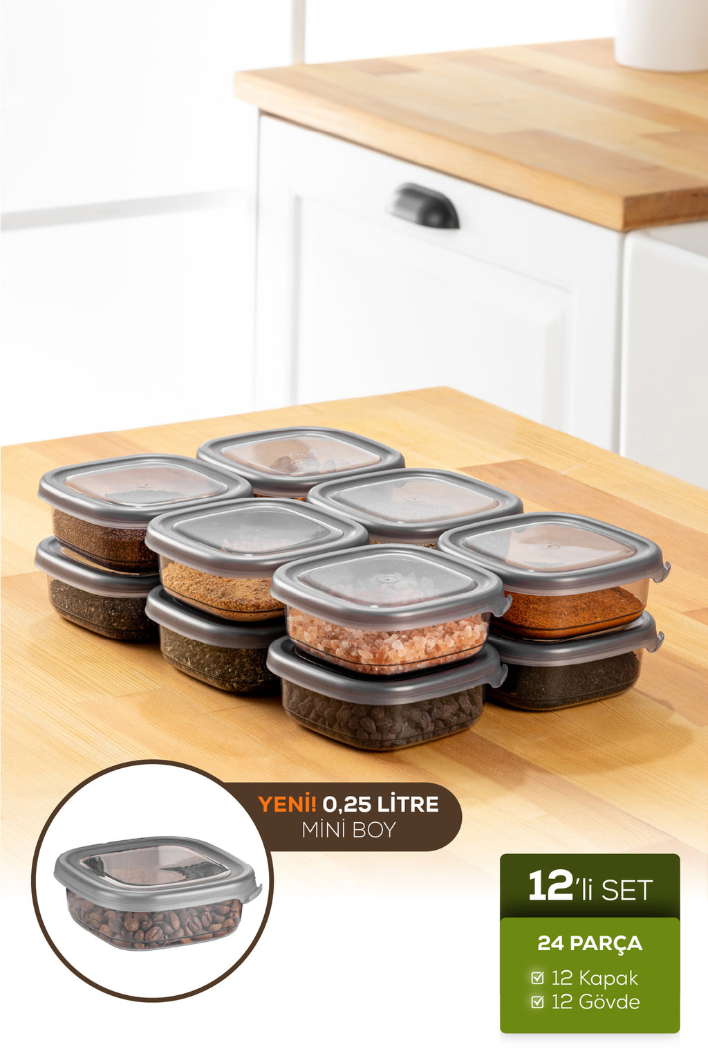 12'li Etiketli Hava Geçirmez Erzak ve Baharat Saklama Kabı Seti 0,25 Lt Antrasit