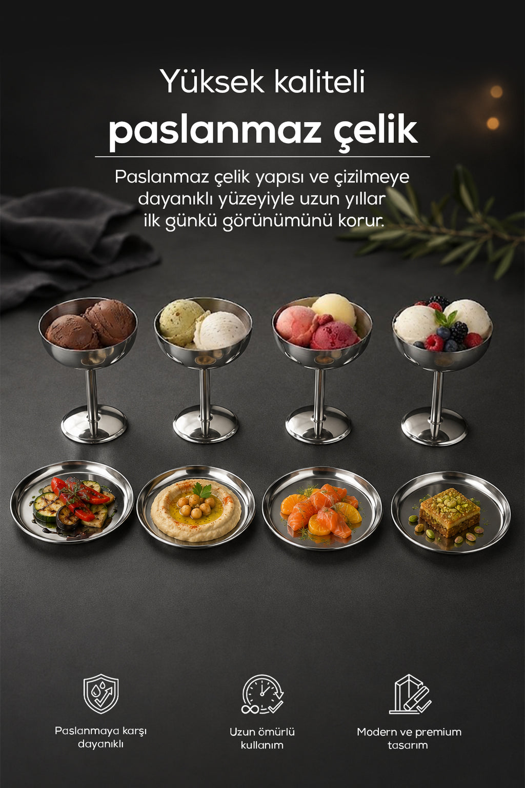 8 Parça Paslanmaz Çelik Geniş Uzun Dondurma Kasesi, Çerezlik ve Servis Seti, Tatlı Servis Tabağı