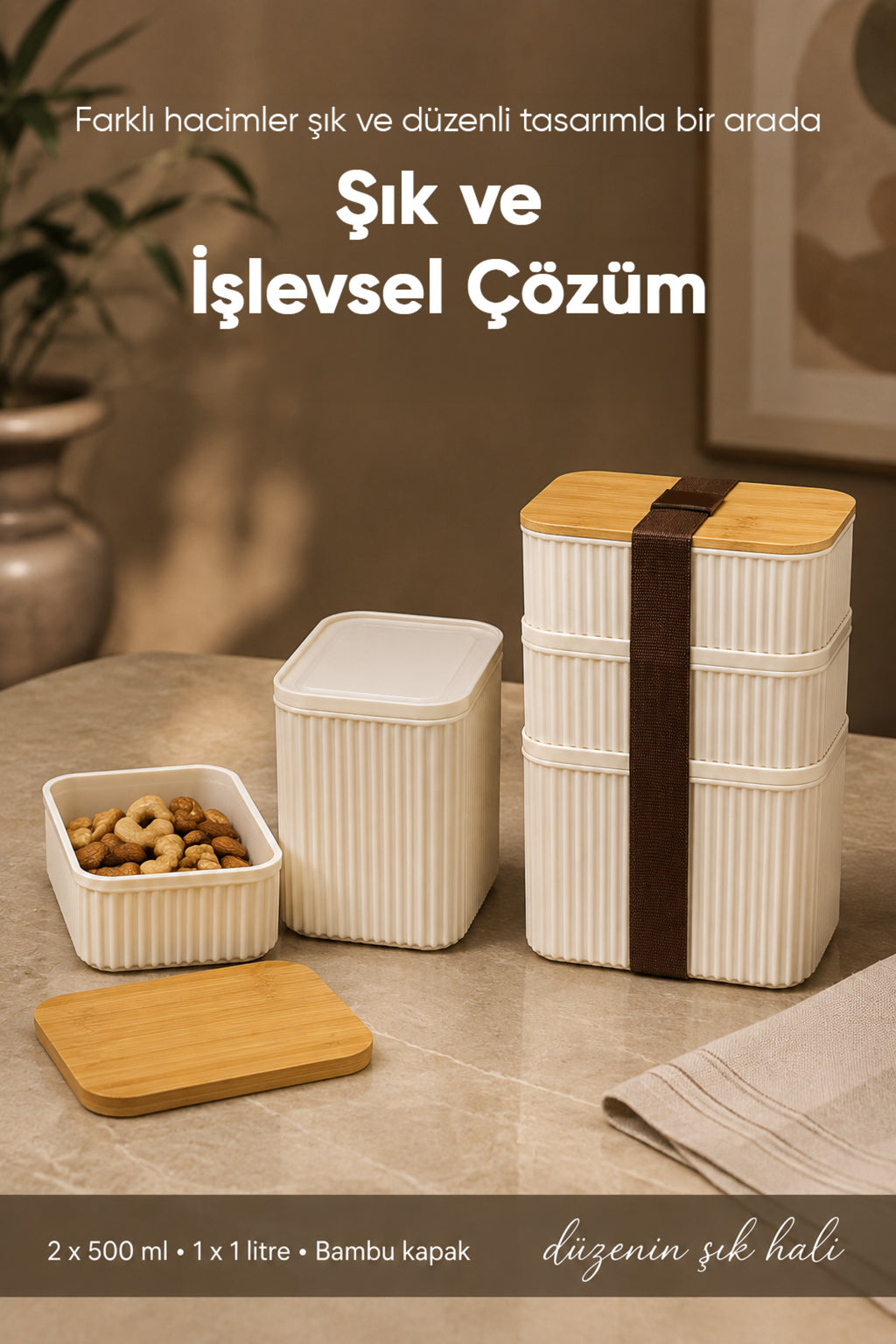 3'lü Dikdörtgen Fitilli Desenli Bantlı Saklama Kabı 2x(500 ml) 1x(1 Litre) Bambu Kapaklı Taşınabilir Beslenme Seti