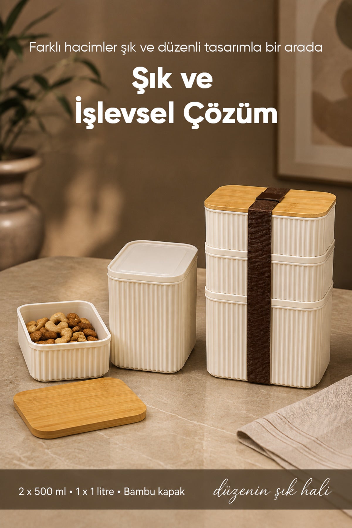 3'lü Dikdörtgen Fitilli Desenli Bantlı Saklama Kabı 2x(500 ml) 1x(1 Litre) Bambu Kapaklı Taşınabilir Beslenme Seti