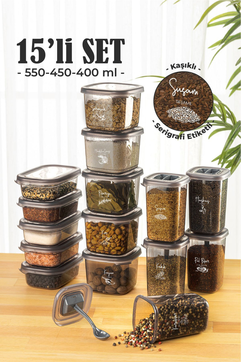 15'li Etiketli Kaşıklı Baharat Saklama Kabı Seti Çeyiz Paketi Full Set 5x(0,40, 0,45, 0,55 L)