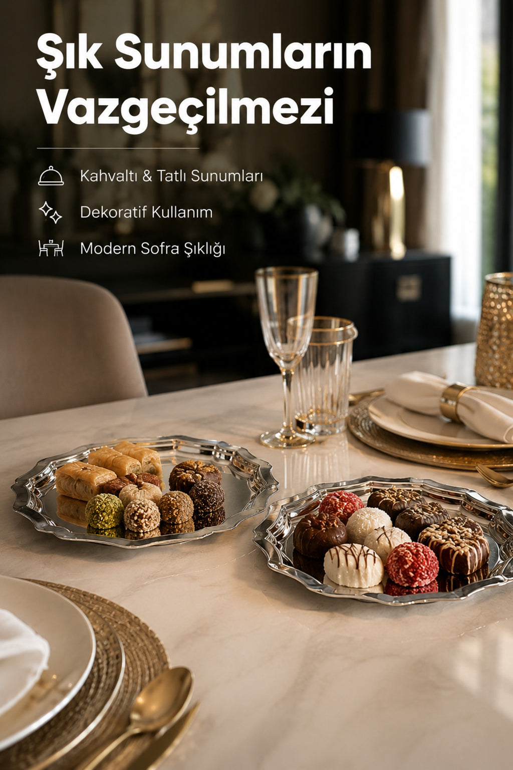 2'li Metal Sunum Tabağı Seti 24 cm - çiçek dekor sunum tepsi