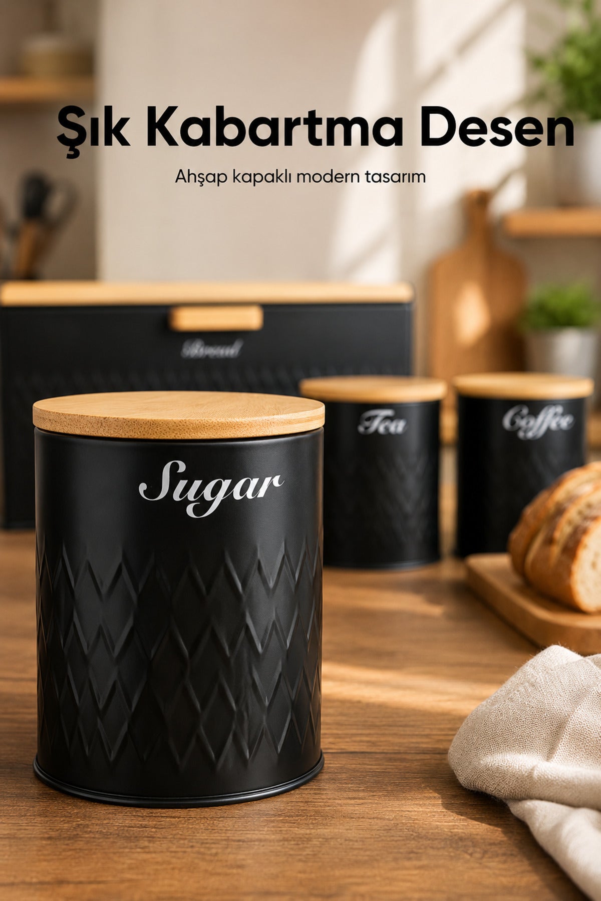 Ahşap Kapaklı Metal Ekmek Kutusu Ve 3'lü Çay Şeker Kahve Saklama Kabı Seti Siyah