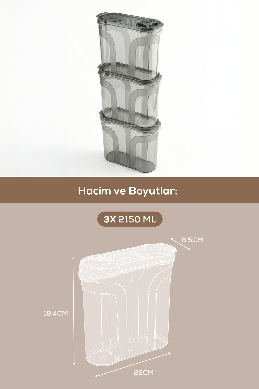 3'lü Çift Kapaklı Erzak Saklama Kabı Seti 2150 ml Antrasit