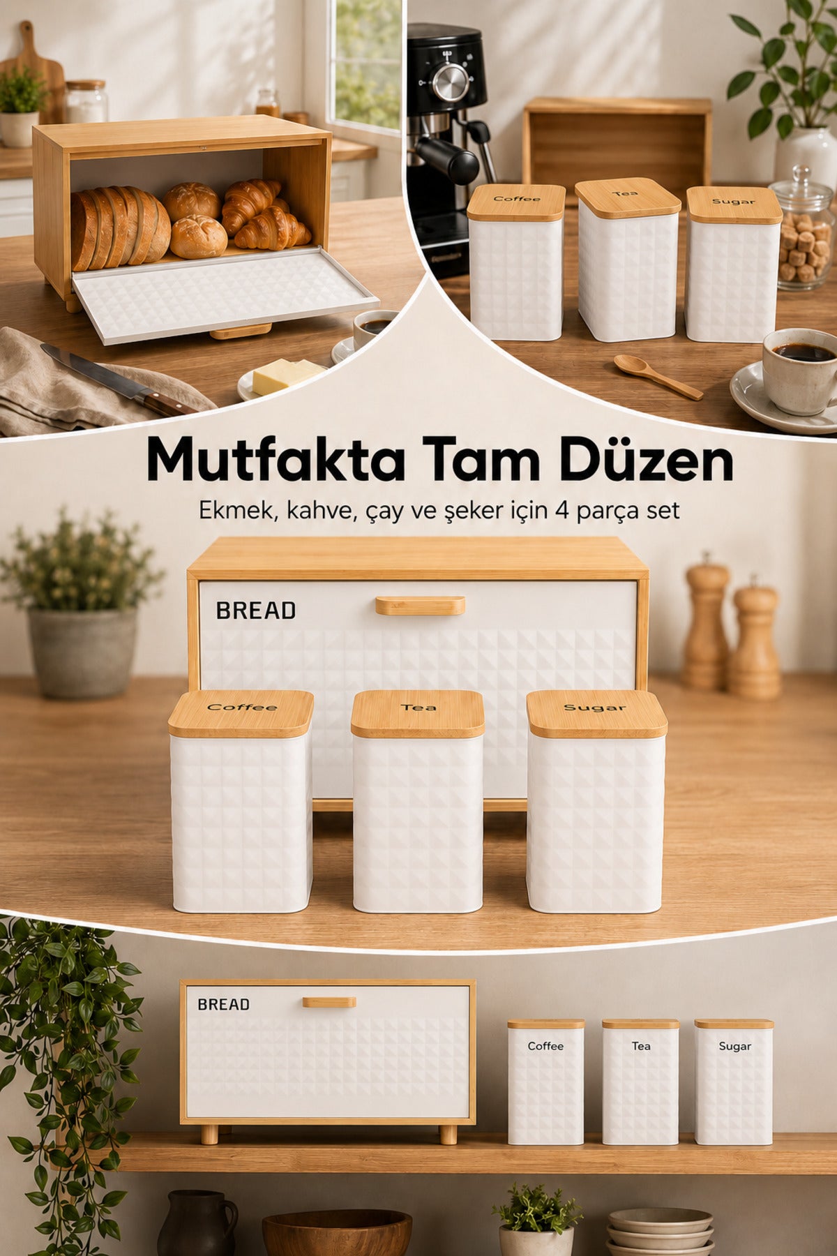 Ayaklı Ahşap Ekmek Dolabı Ve 3lü Beyaz Metal Kare Çay Kahve Şeker Saklama Kabı