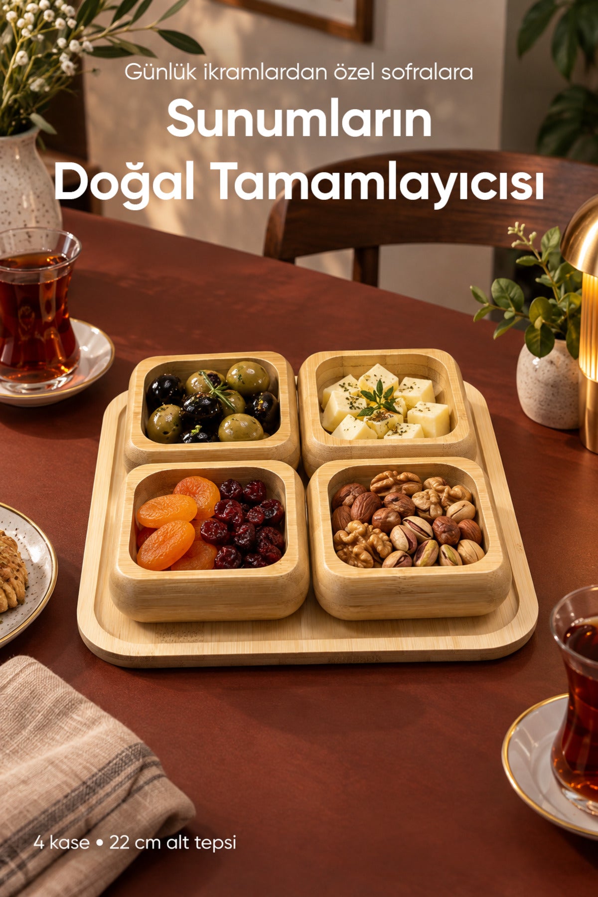 Alt Tablalı 4'lü Kare Bambu Çerezlik Seti 9 cm Kaseli 22 cm Tepsili Sunum ve İkram Servis Takımı