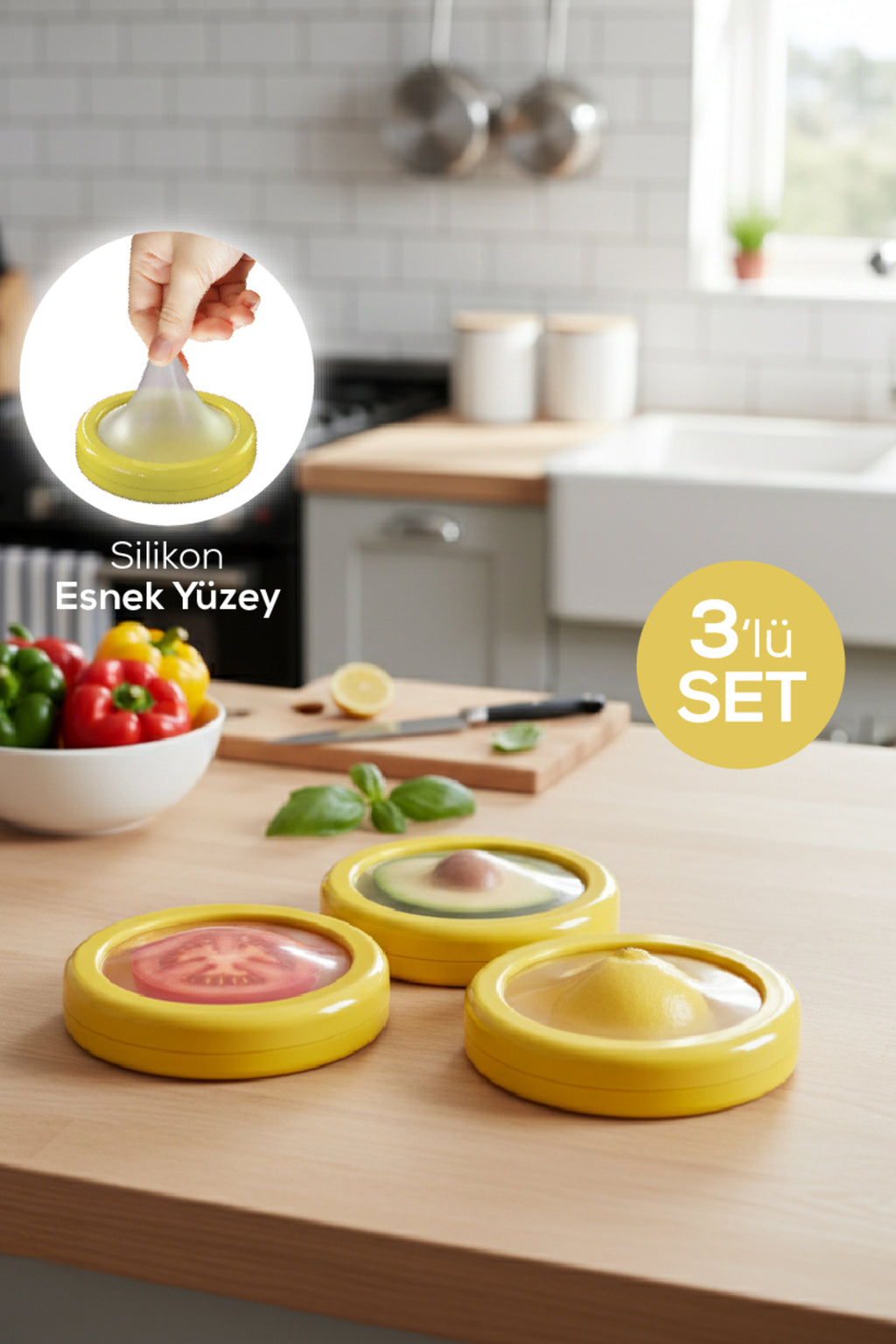 3'lü Buzdolabı Için Yarım Meyve Ve Sebze Koruma Kabı - Limon, Soğan, Domates Saklama Kutusu Sarı