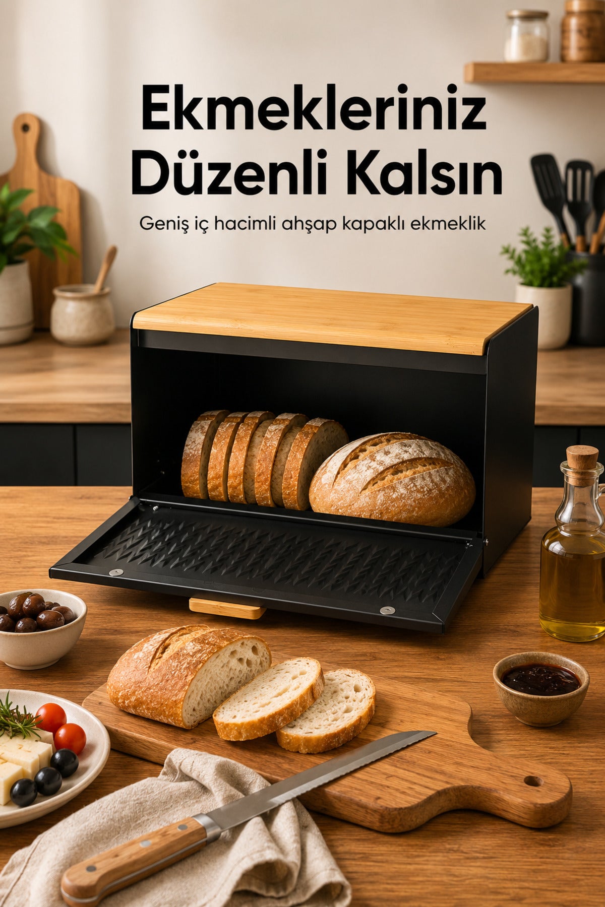 Ahşap Kapaklı Metal Ekmek Kutusu Ve 3'lü Çay Şeker Kahve Saklama Kabı Seti Siyah