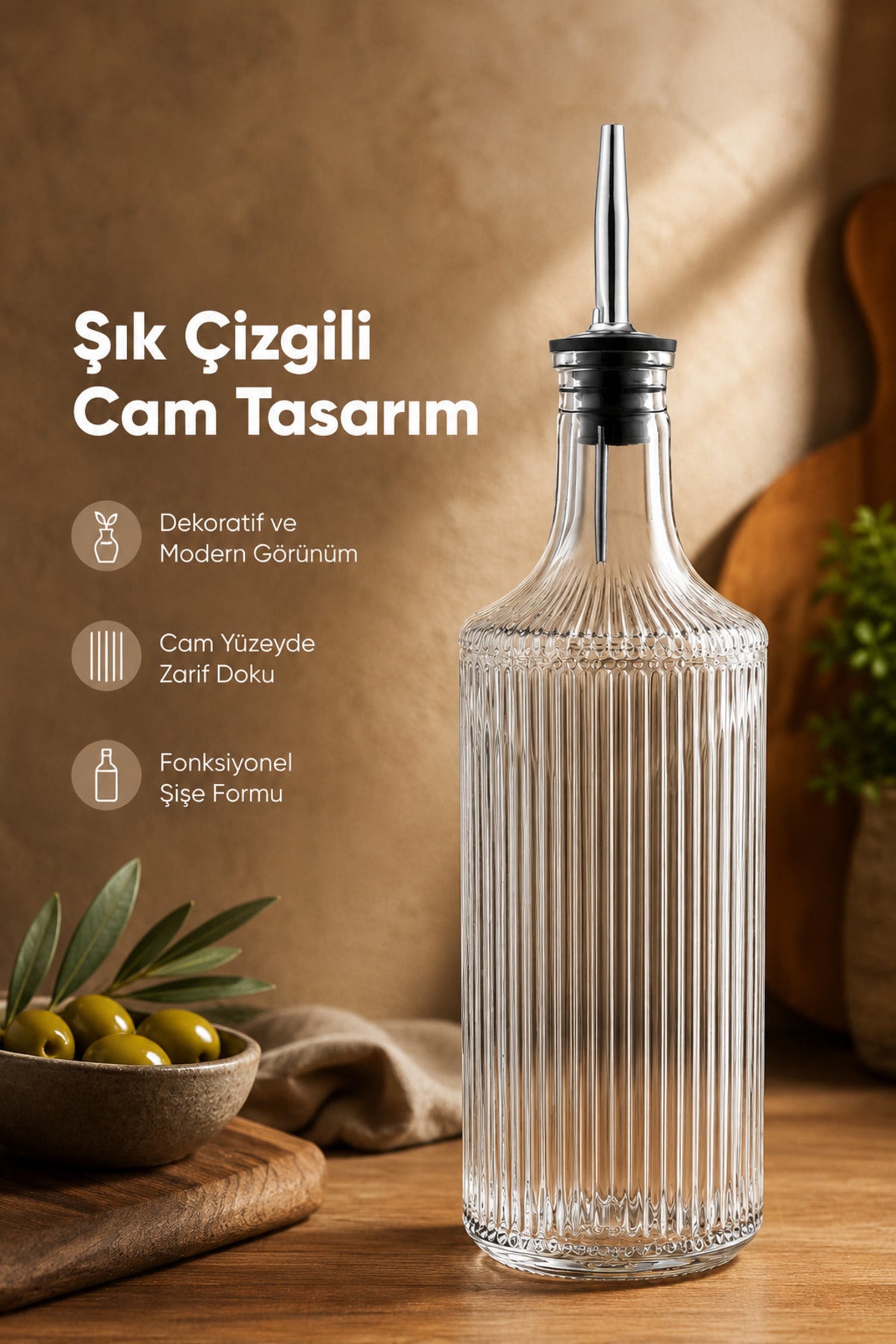 Çizgili Cam Yağdanlık Seti 750 cc Yağ Sirke Şişesi Sızdırmaz
