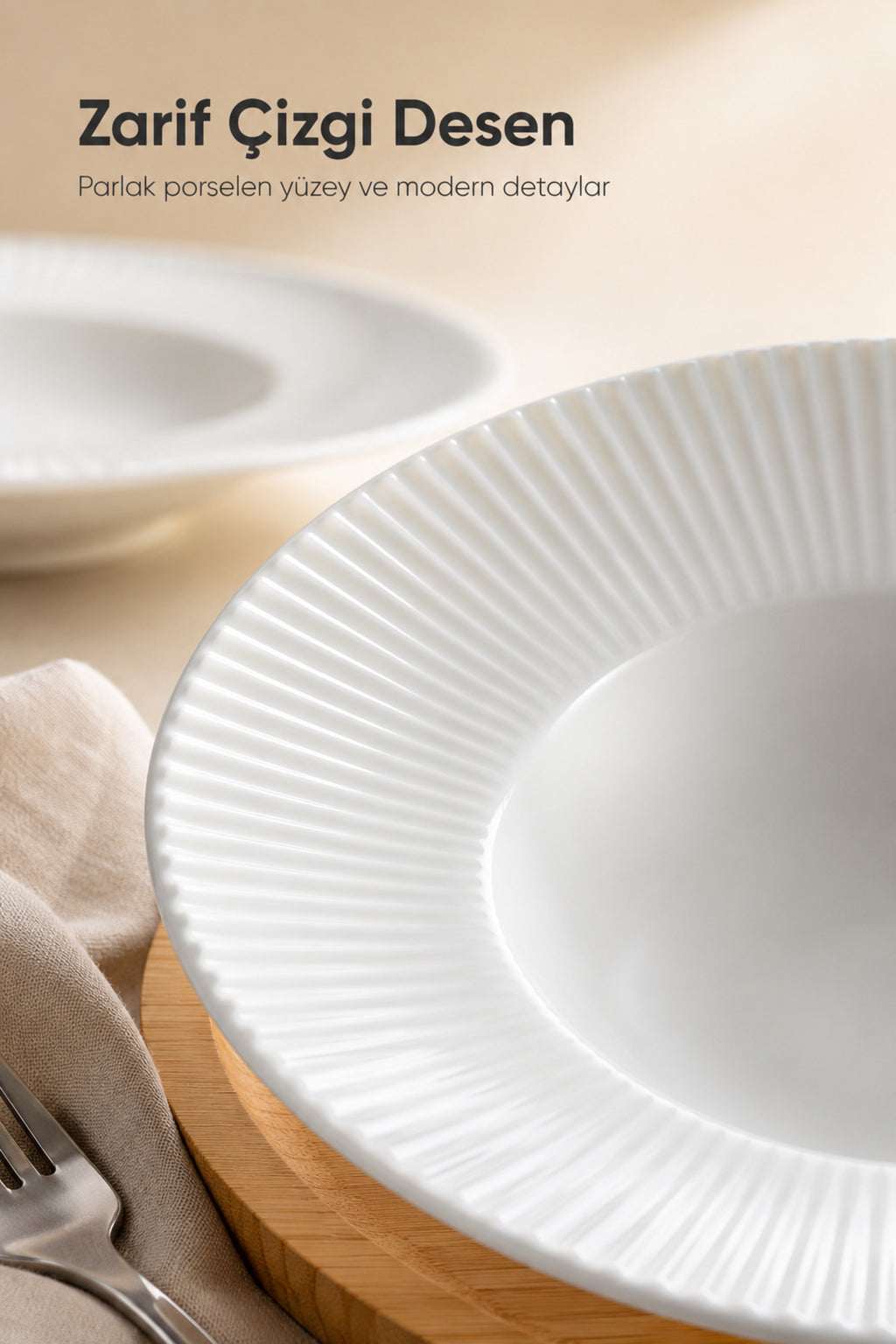 2'li Porselen Çizgi Desenli Çukur Makarna Tabağı Salata Sunum Kasesi 27 cm