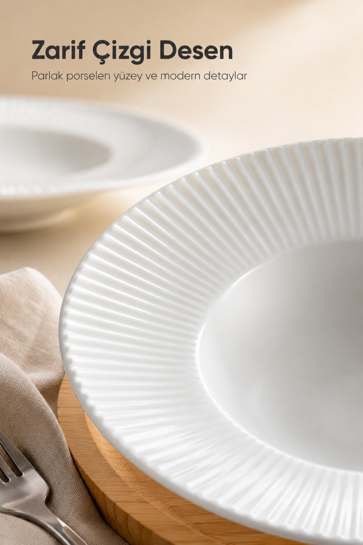 2'li Porselen Çizgi Desenli Çukur Makarna Tabağı Salata Sunum Kasesi 27 cm