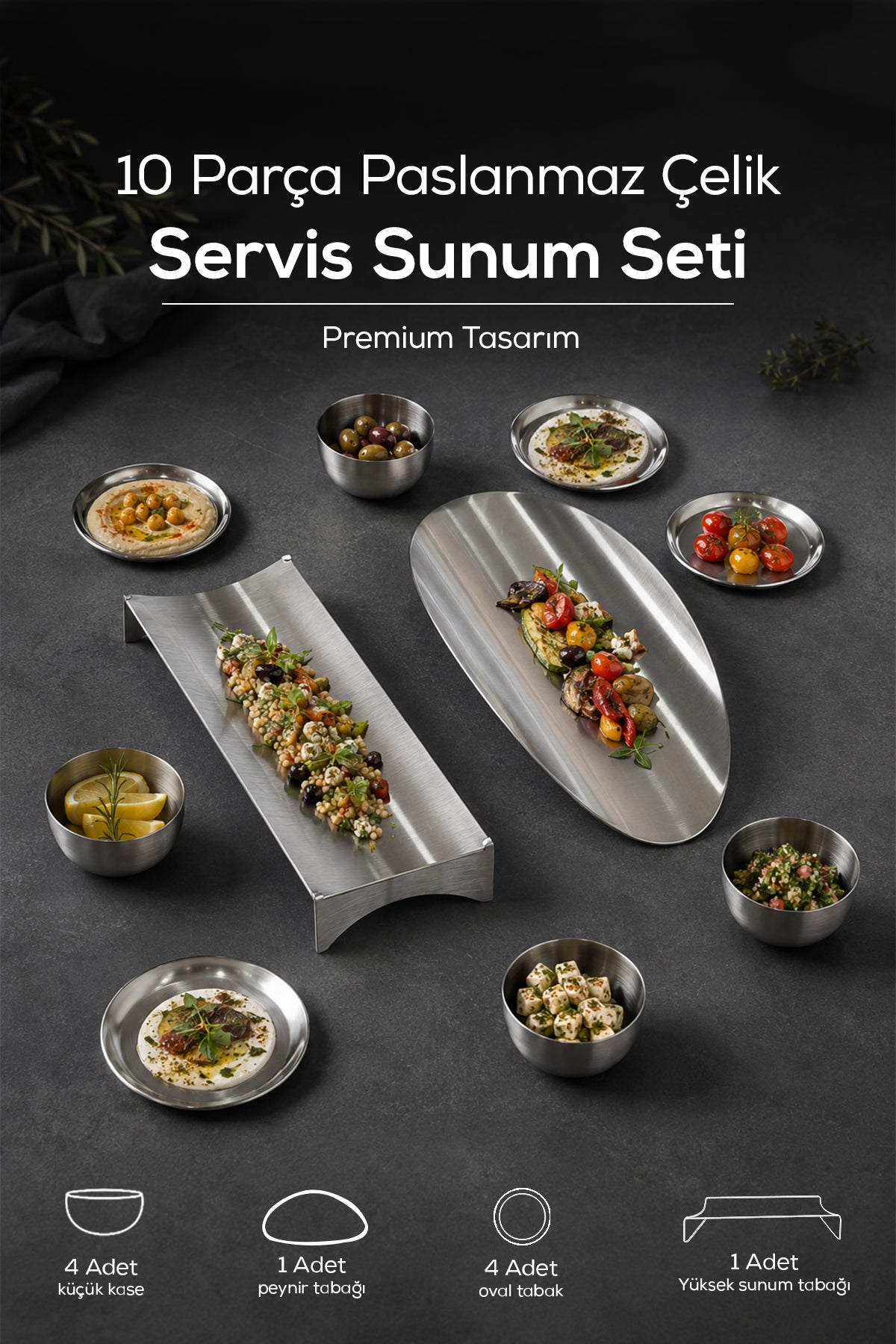 10 Parça Paslanmaz Çelik Servis ve Sunum Seti, Kahvaltılık, Çerezlik, Sunum Tabağı