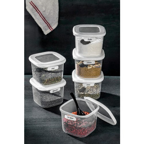 Etiketli Kaşıklı Kare Erzak Saklama Kabı 6'lı Set Küçük Boy 0,55 Litre Beyaz