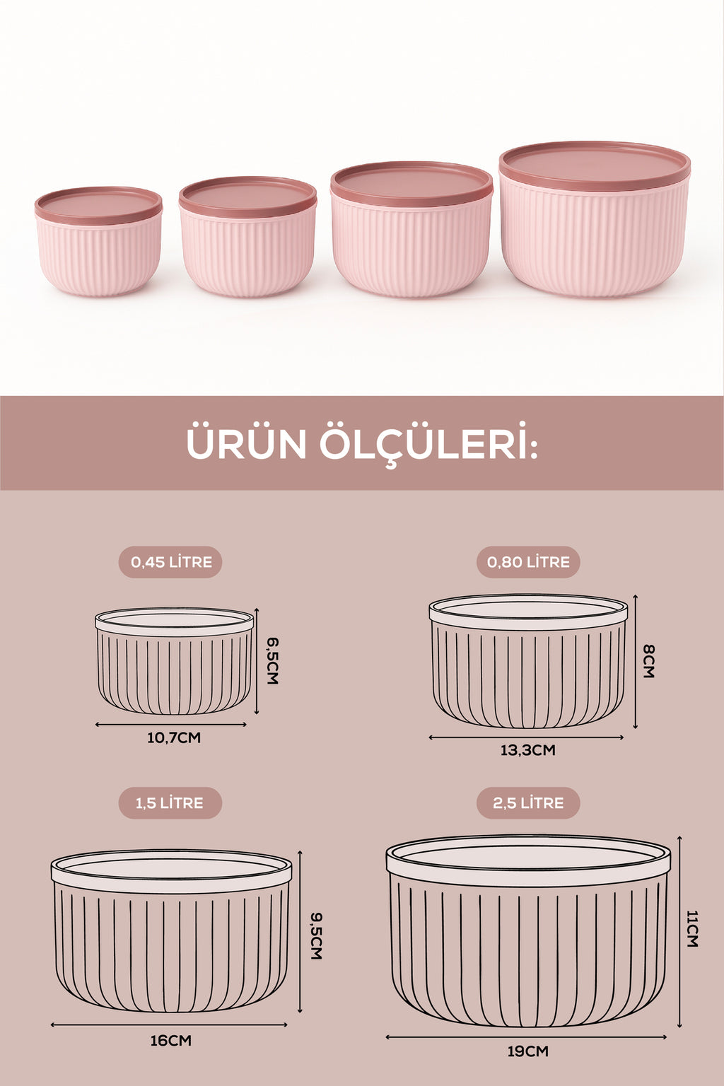 4'lü Yuvarlak Saklama Kabı Seti Çizgili Pembe | 2.5 1.5 0.80 0.45 L | Mikrodalga Ve Dondurucu Uyumlu