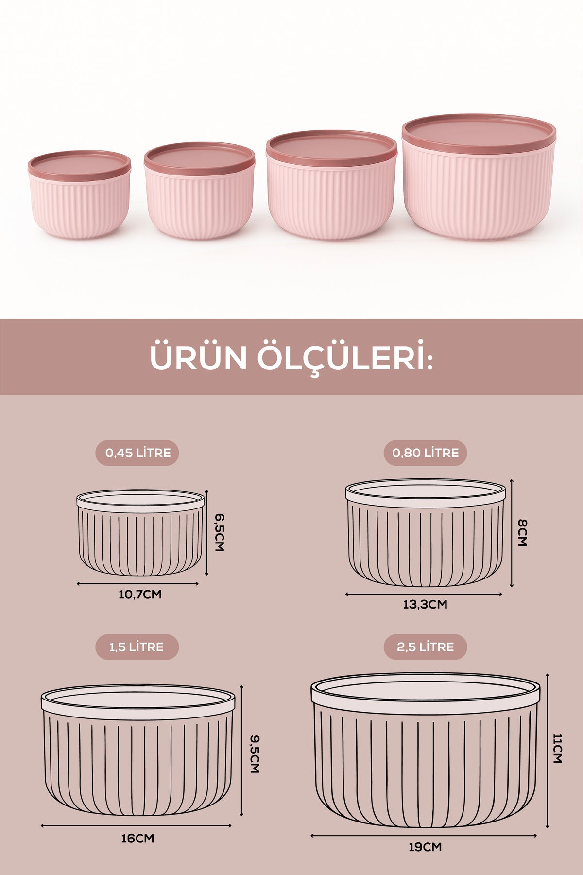4'lü Yuvarlak Saklama Kabı Seti Çizgili Pembe | 2.5 1.5 0.80 0.45 L | Mikrodalga Ve Dondurucu Uyumlu