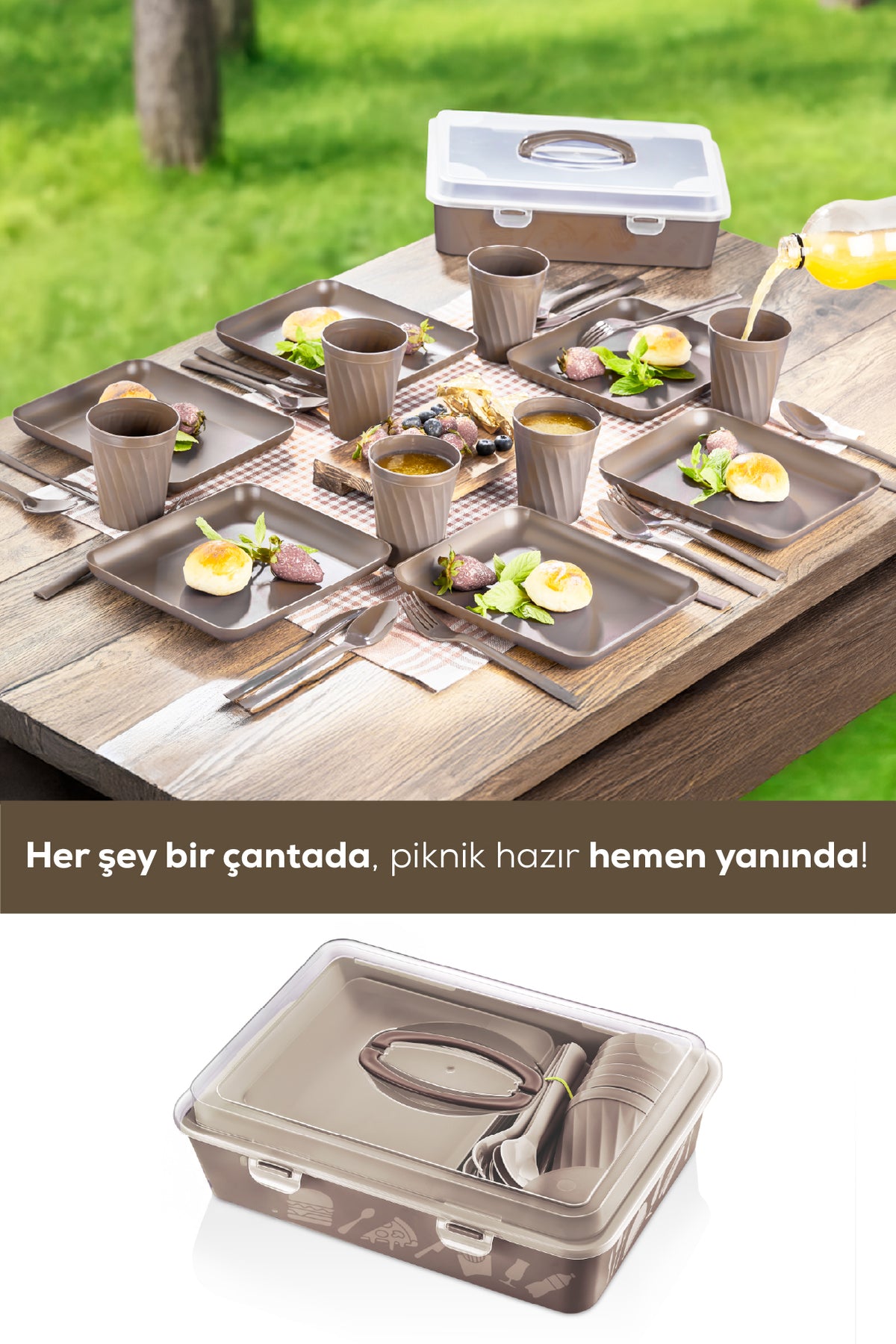32 Parça 6 Kişilik Taşınabilir Piknik Seti - Saklama Kutulu Bej