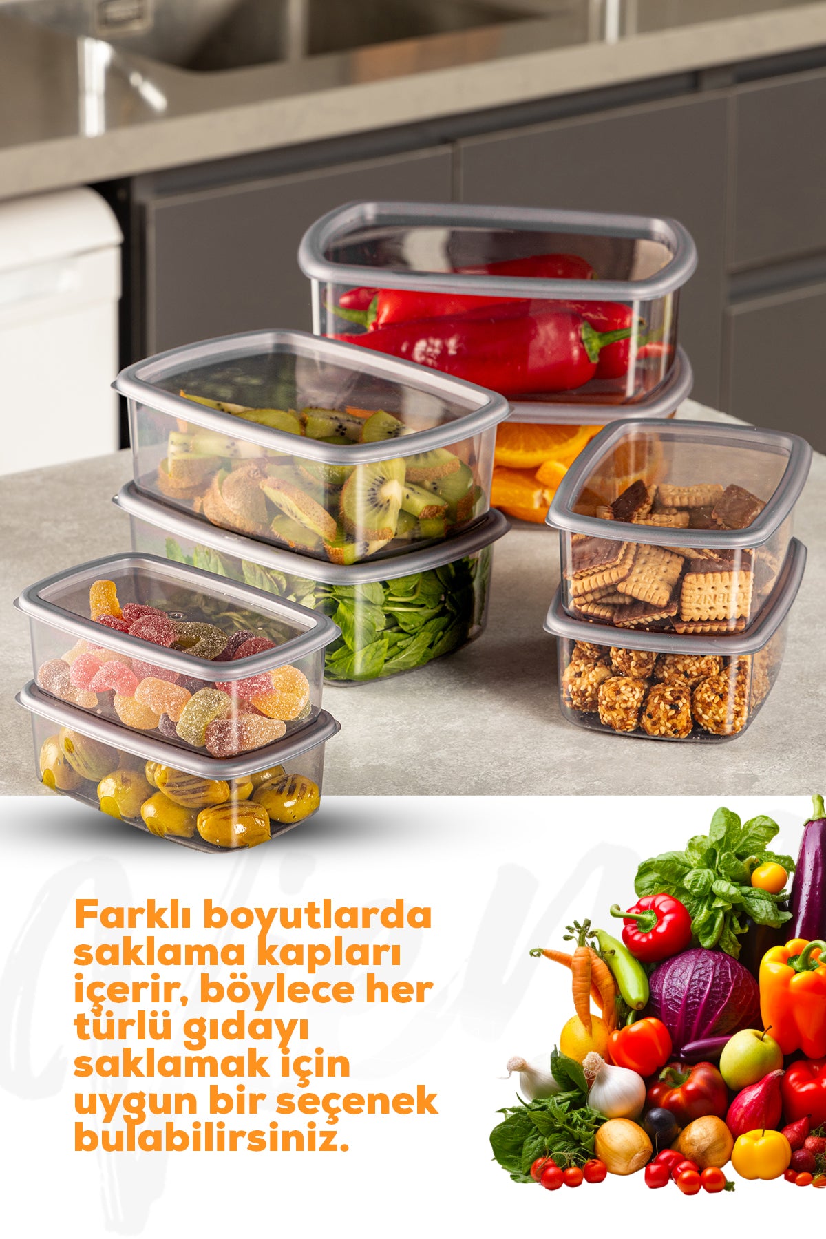 8'li Hava Geçirmez Saklama Kabı Seti Antrasit 2x(250-500-750-1200 ML)