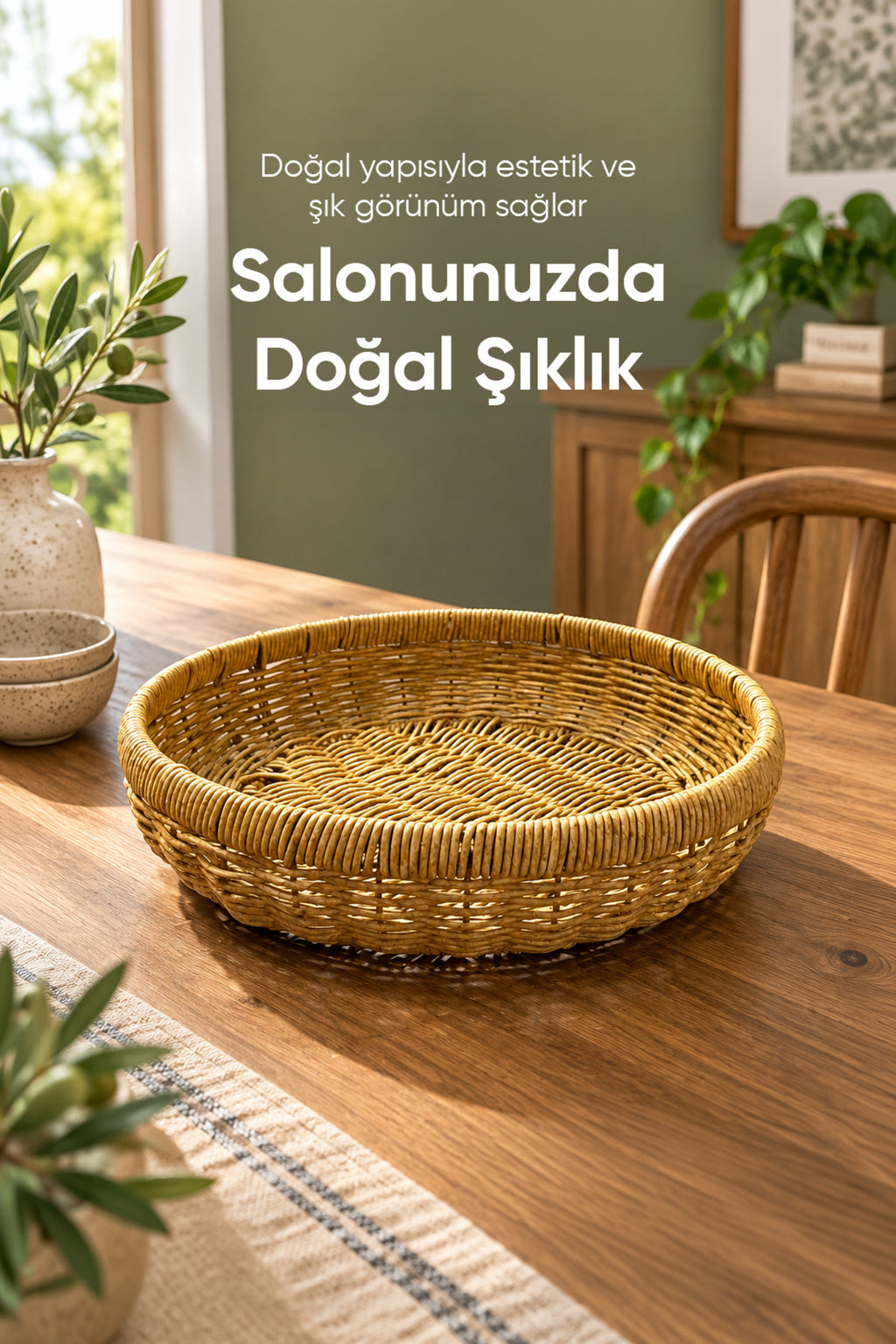 Yuvarlak Hasır Sepet Dekoratif Örgü Servis Sunum Ekmek Meyve Sepeti 31 cm Doğal Kahverengi Tasarım