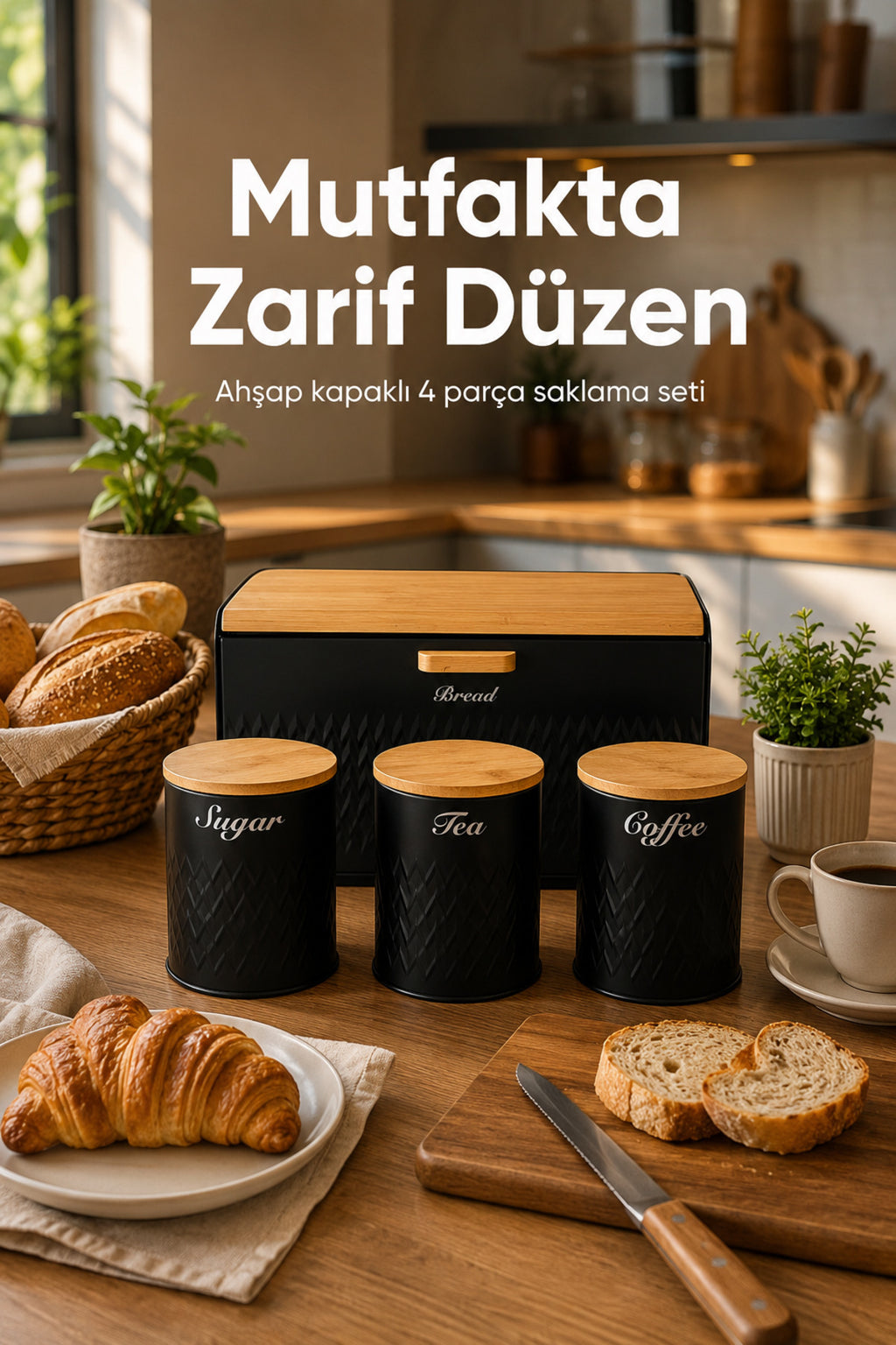 Ahşap Kapaklı Metal Ekmek Kutusu Ve 3'lü Çay Şeker Kahve Saklama Kabı Seti Siyah