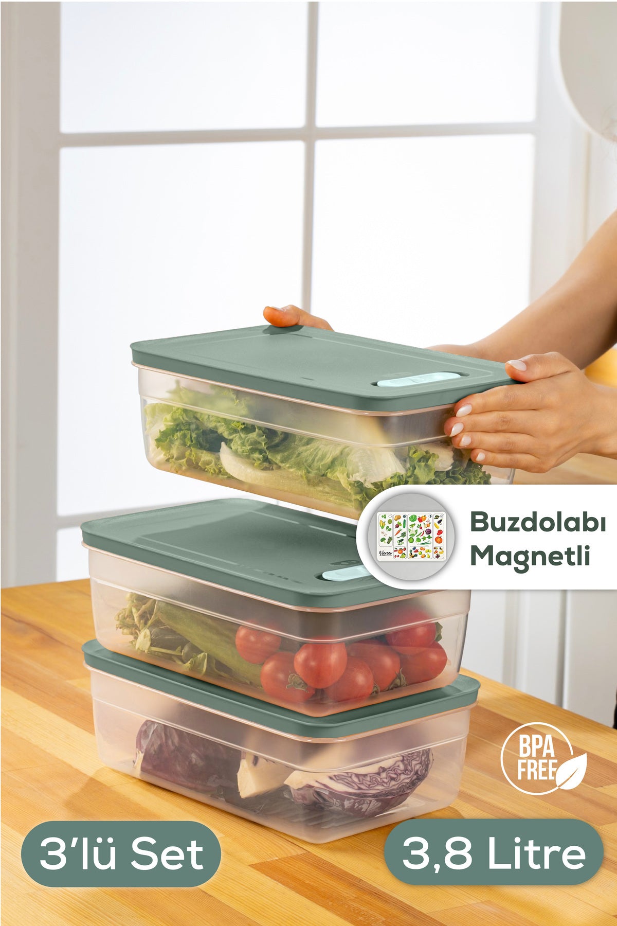 3'lü Ayarlı Sebze Ve Meyve Saklama Kabı Yeşil 3,8 Litre