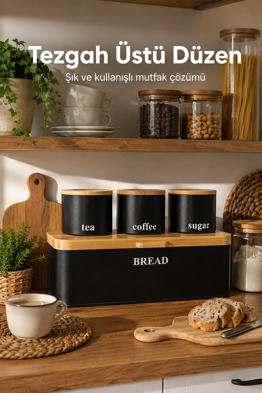 Dikdörtgen Ahşap Kapaklı Metal Ekmek Kutusu Ve 3lü Yuvarlak Çay Kahve Şeker Saklama Kabı Seti Siyah