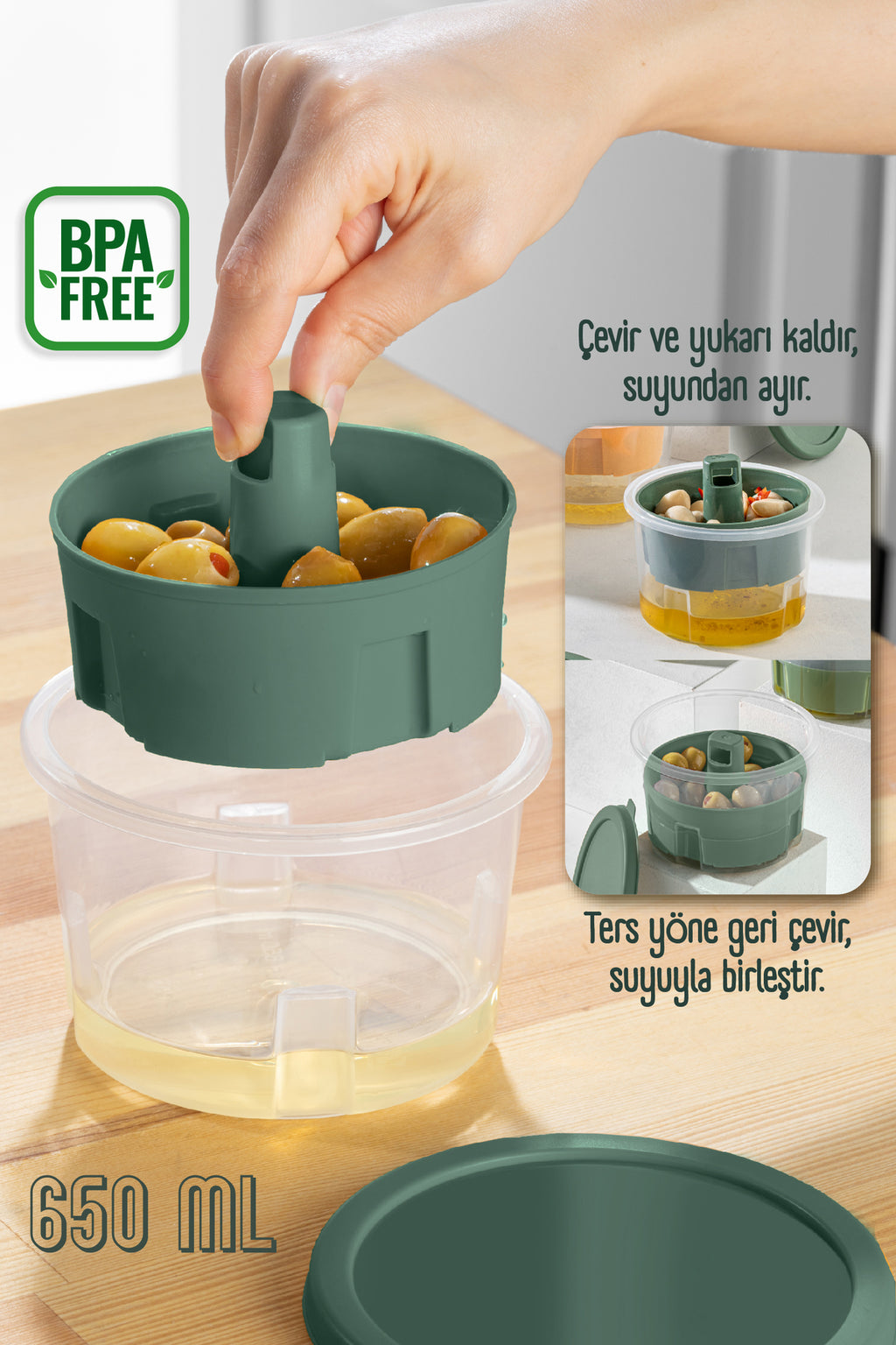 Sunumluk Zeytin Turşu Peynir Çok Amaçlı Süzgeçli Saklama Kabı Yeşil
