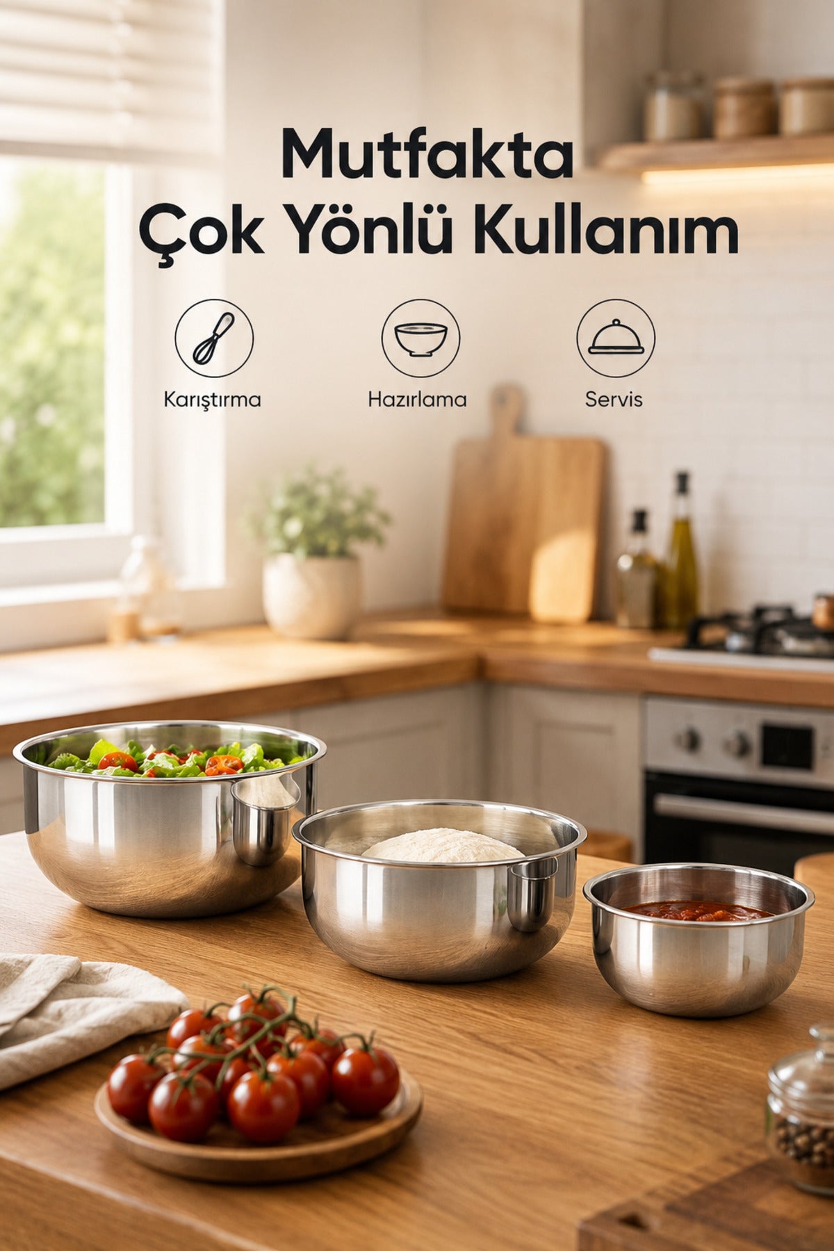 3'lü Paslanmaz Çelik Karıştırma Kabı Seti - 1200-2500-4000 ml Metal Kase Takımı