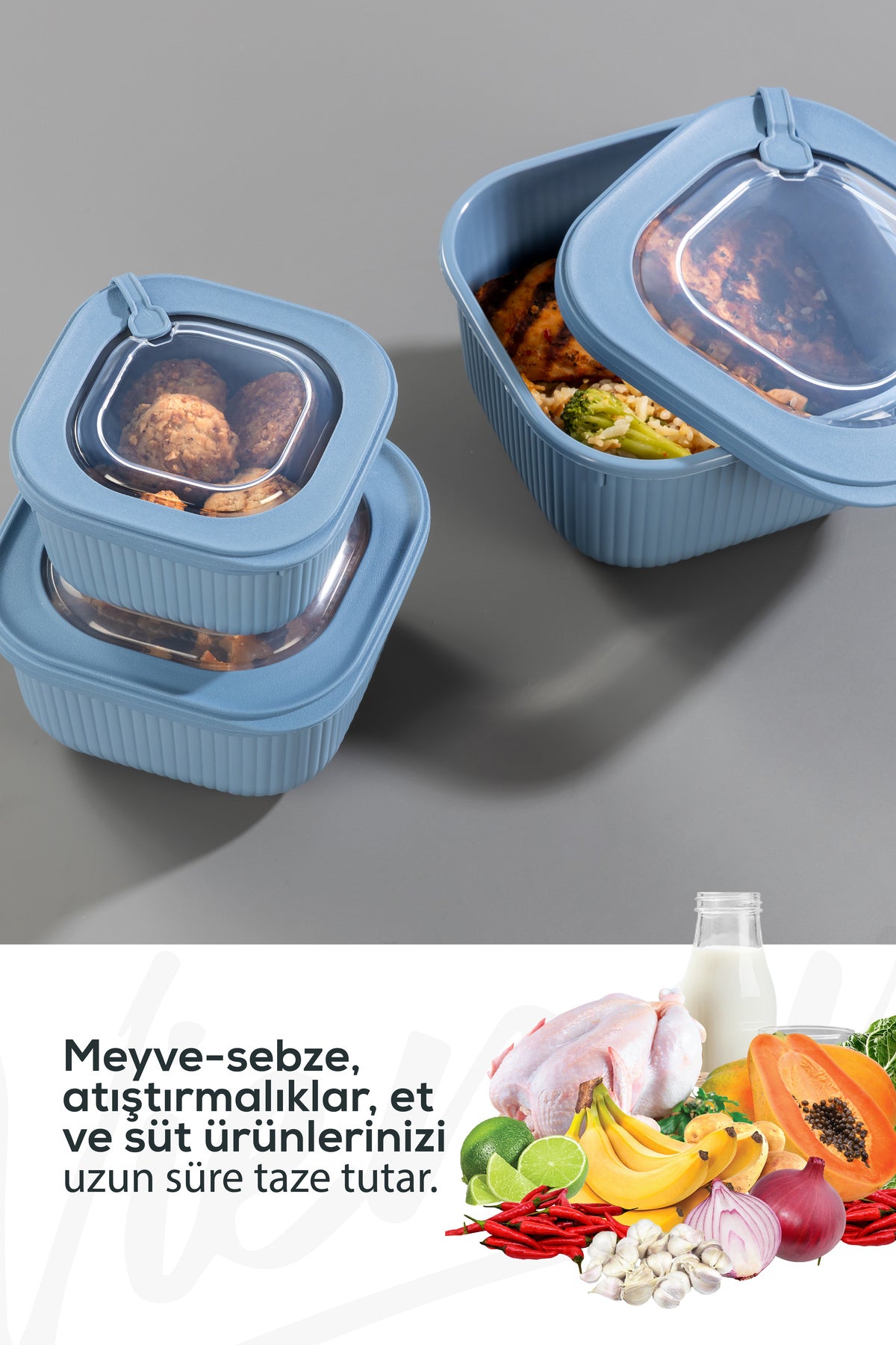 12'li 4x(600-1100-1800 ML) Mikrodalga Ve Difrize Uygun Vip Kapaklı Özel Saklama Kabı Seti Mavi