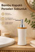 Bambu Kapaklı Porselen Sıvı Sabunluk 300 ml Bej