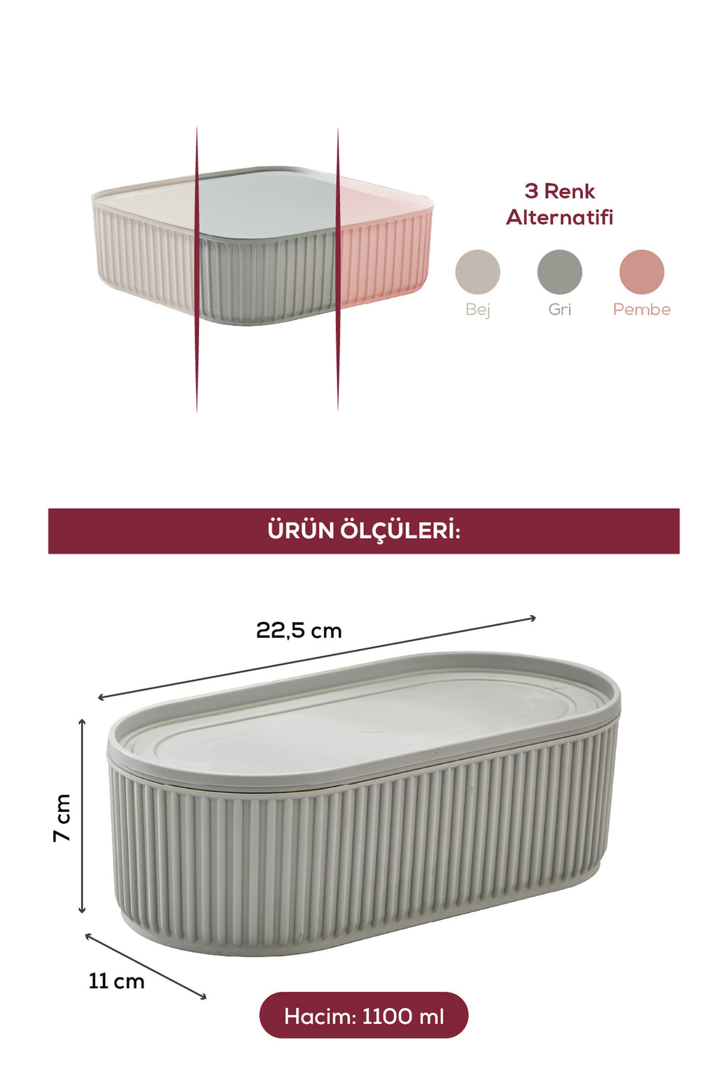 2'li Elastik Bantlı İstiflenebilir Pratik Saklama Kabı Seti 2x(1100 ml) Gri
