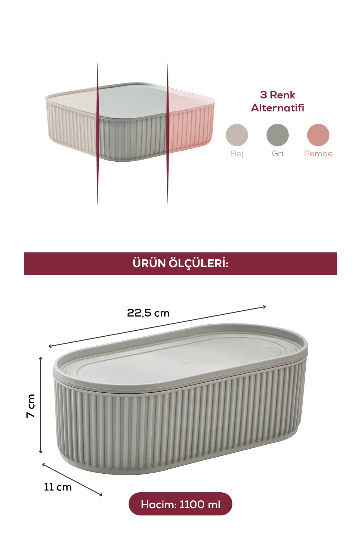 2'li Elastik Bantlı İstiflenebilir Pratik Saklama Kabı Seti 2x(1100 ml) Gri
