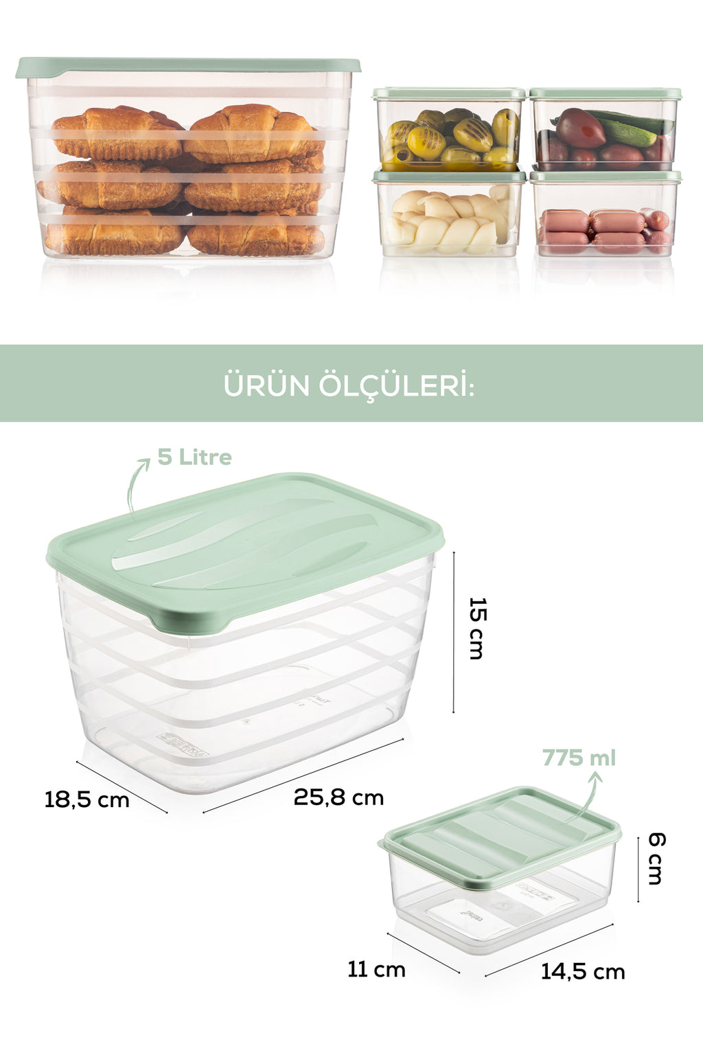 5'li Set Dondurucu ve Mikrodalgaya Uygun Buzdolabı Düzenleyici 1x(5 Litre) 4x(775 ml) Mint Yeşili