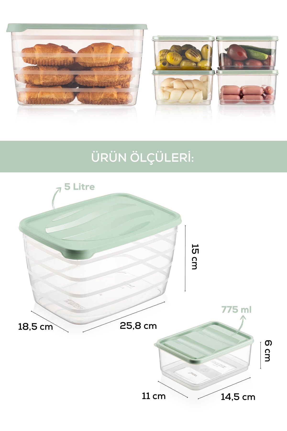 5'li Set Dondurucu ve Mikrodalgaya Uygun Buzdolabı Düzenleyici 1x(5 Litre) 4x(775 ml) Mint Yeşili