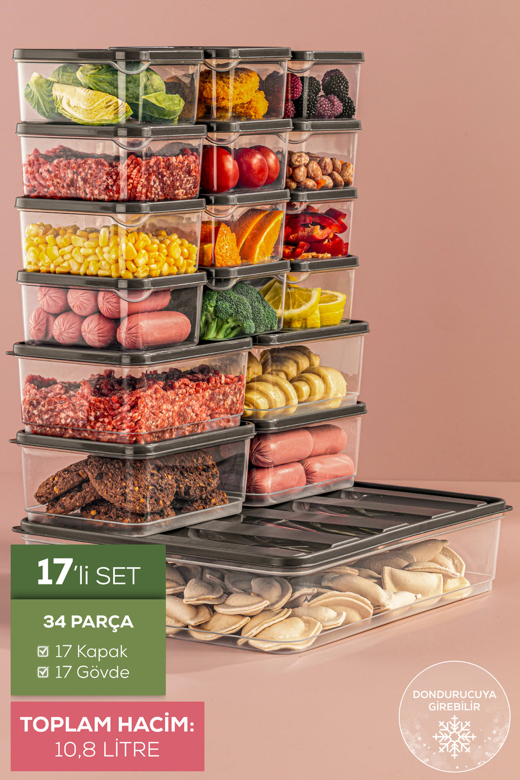 17'li Buzdolabı Düzenleyici Organizer Mikrodalgaya Uygun Difriz Saklama Kabı Gri