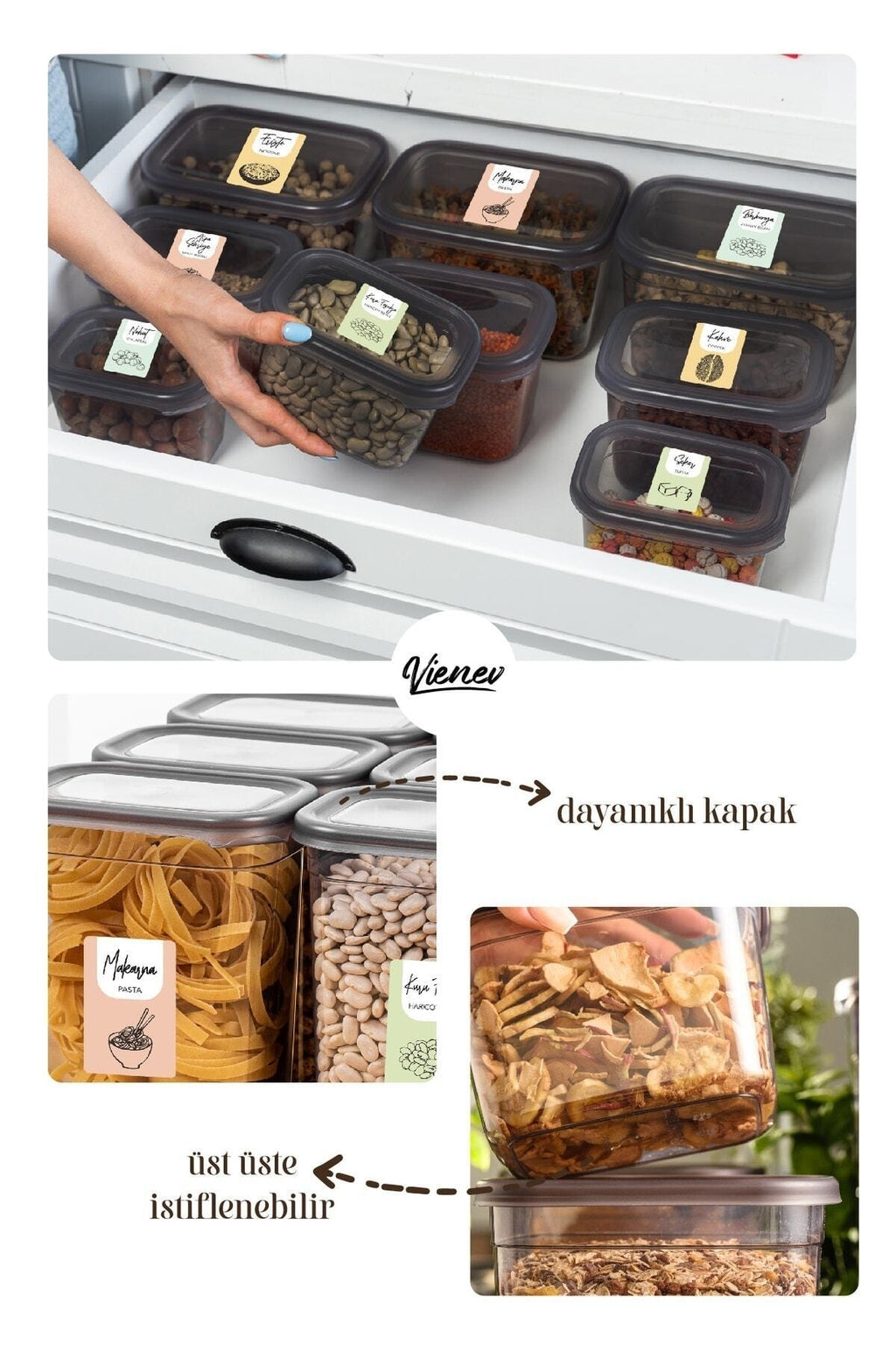 Renkli Etiketli 9lu Set Peggy Dikdörtgen Saklama Kabı 2 Litre Antrasit
