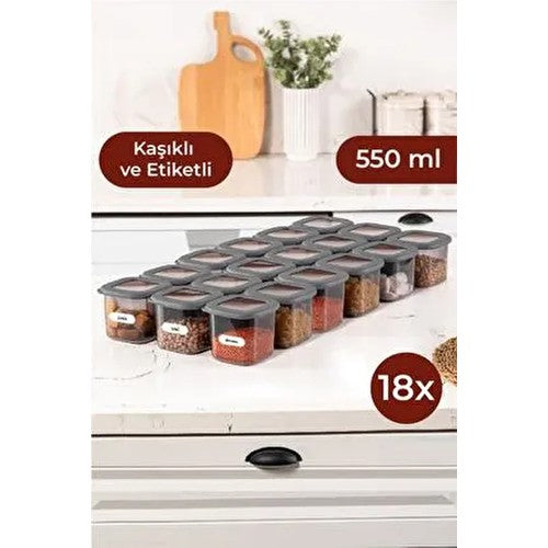 Etiketli Siyah Kaşıklı Foly Kare Erzak Saklama Kabı Seti 18li 0,55 Küçük Boy Antrasit