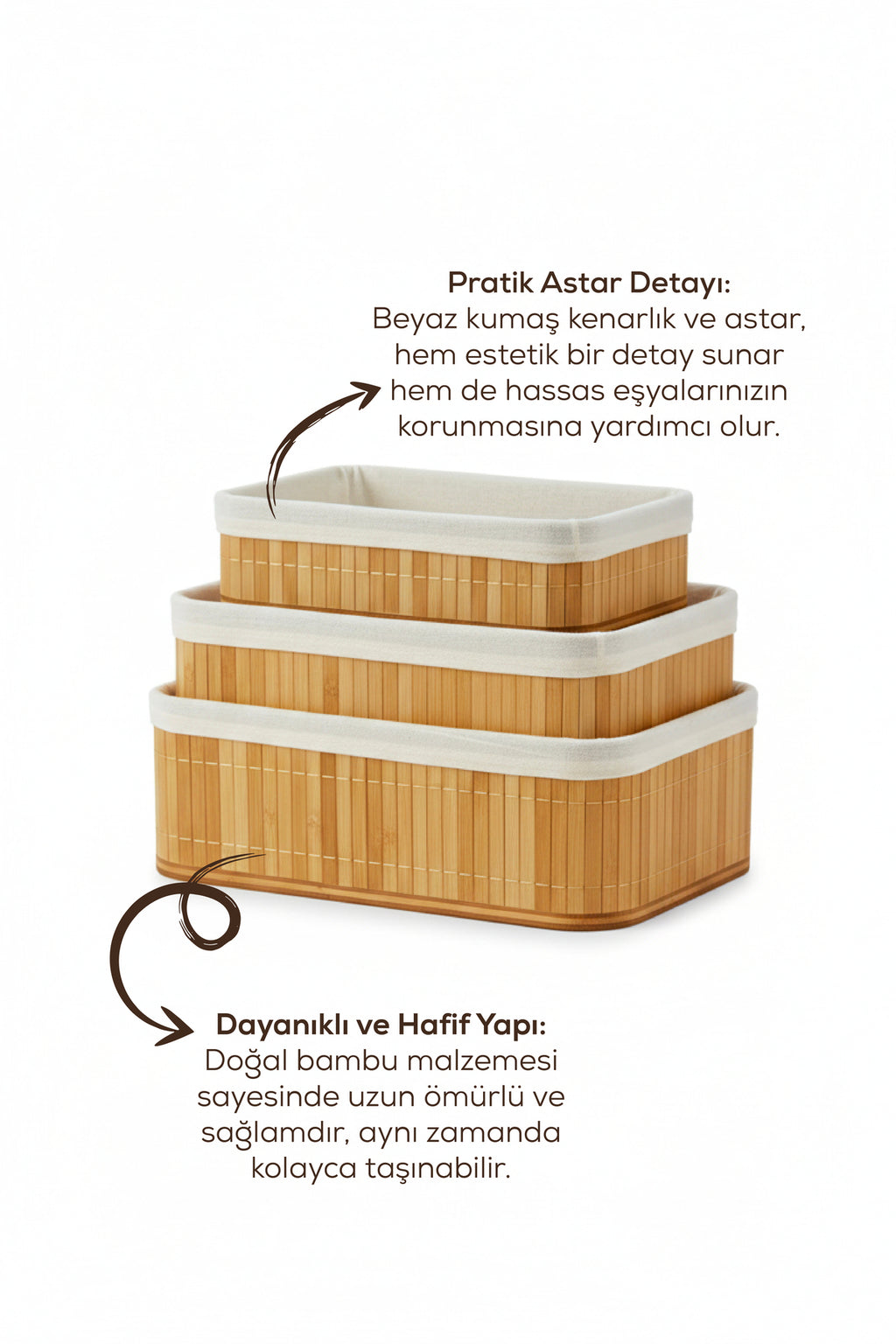 3'lü Set Dikdörtgen Bambu Organizer Sepet | Banyo Mutfak Dolap İçi