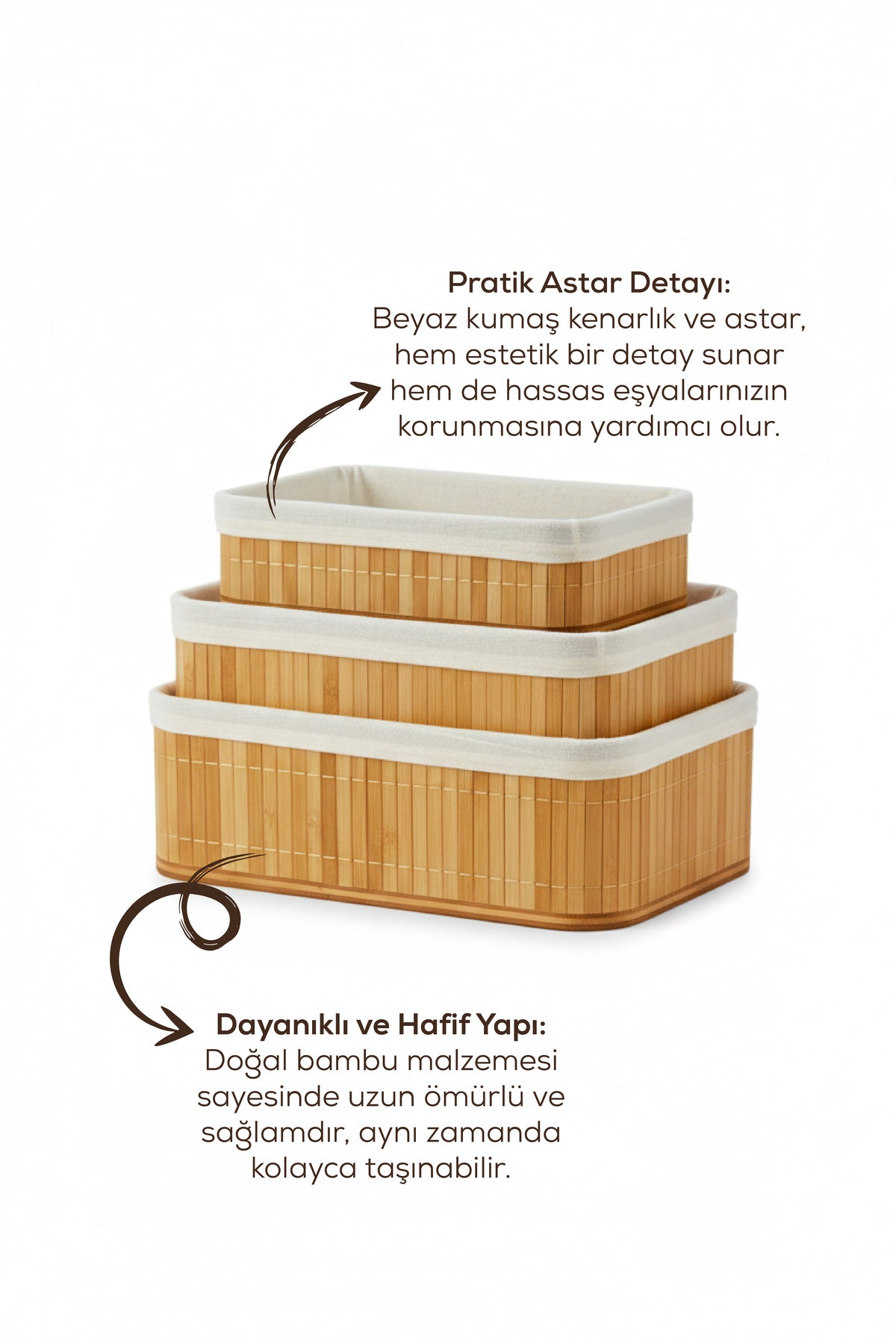 3'lü Set Dikdörtgen Bambu Organizer Sepet | Banyo Mutfak Dolap İçi