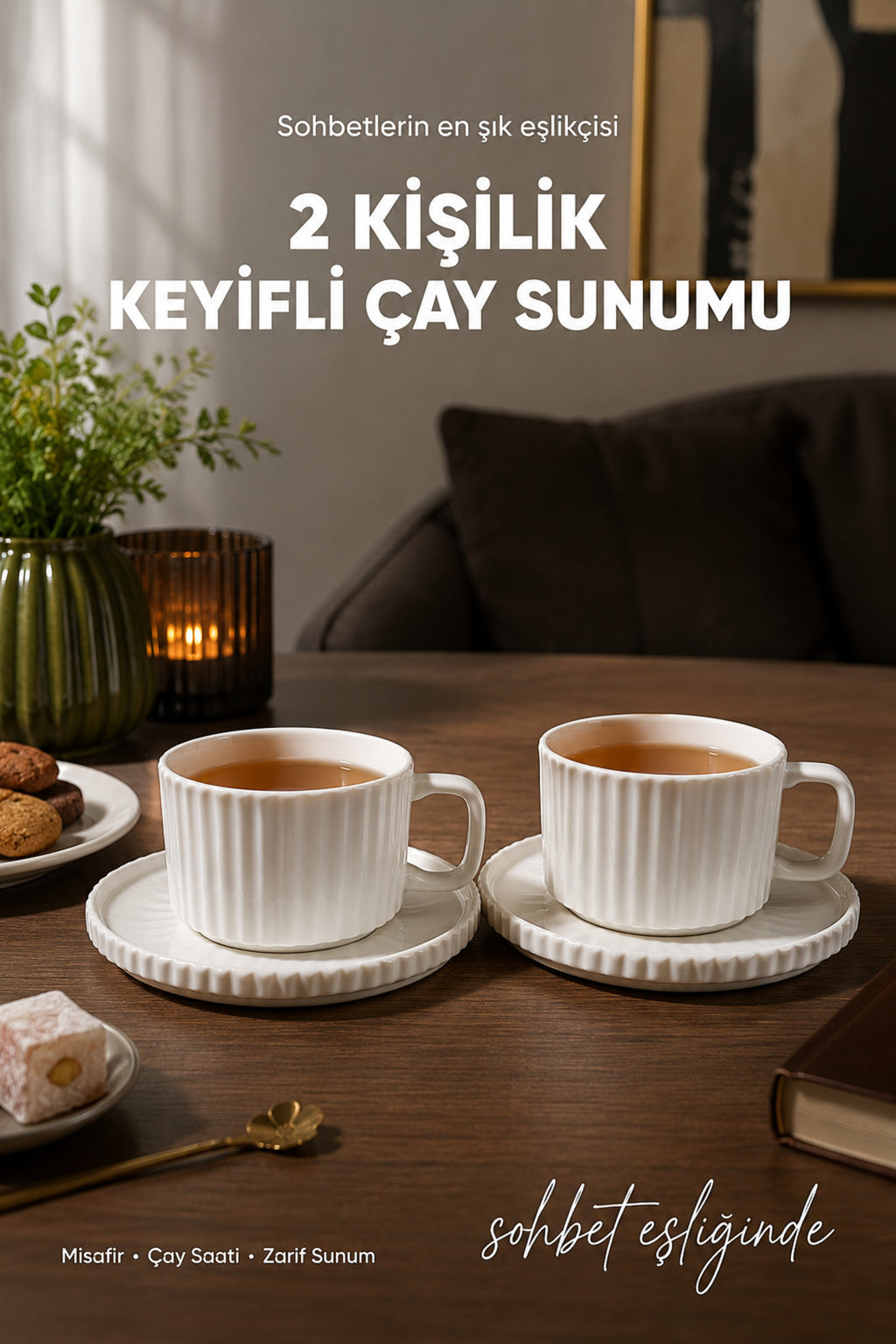 2 Kişilik Çizgili Beyaz Porselen Çay Fincanı Seti 220 ml Tabaklı Şık Çay Fincan Takımı