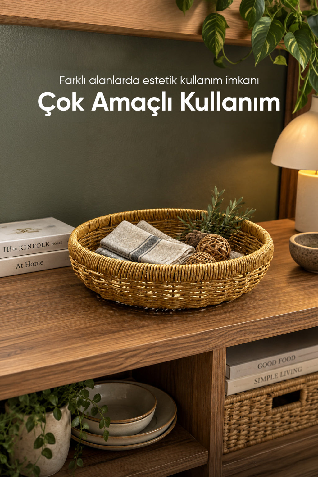 Yuvarlak Hasır Sepet Dekoratif Örgü Servis Sunum Ekmek Meyve Sepeti 31 cm Doğal Kahverengi Tasarım