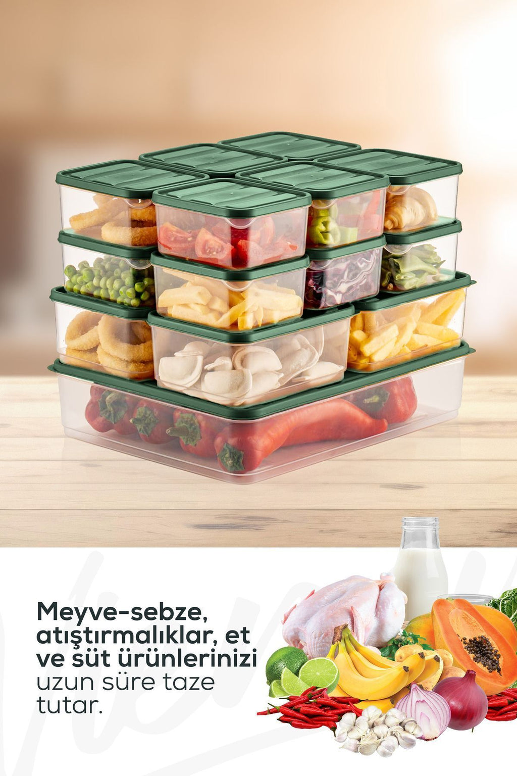 17'li Buzdolabı Düzenleyici Organizer Mikrodalgaya Uygun Difriz Saklama Kabı Yeşil