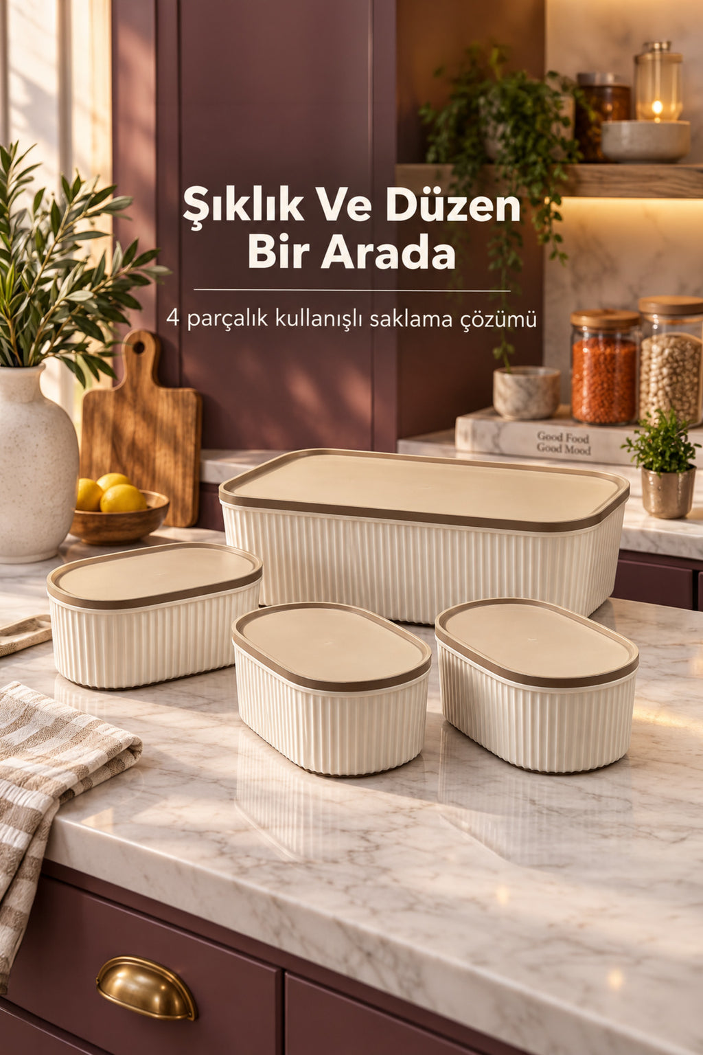 4'lü 3x1100 ml 1x5500 ml Saklama Kabı Seti Mutfak ve Buzdolabı Düzenleyici