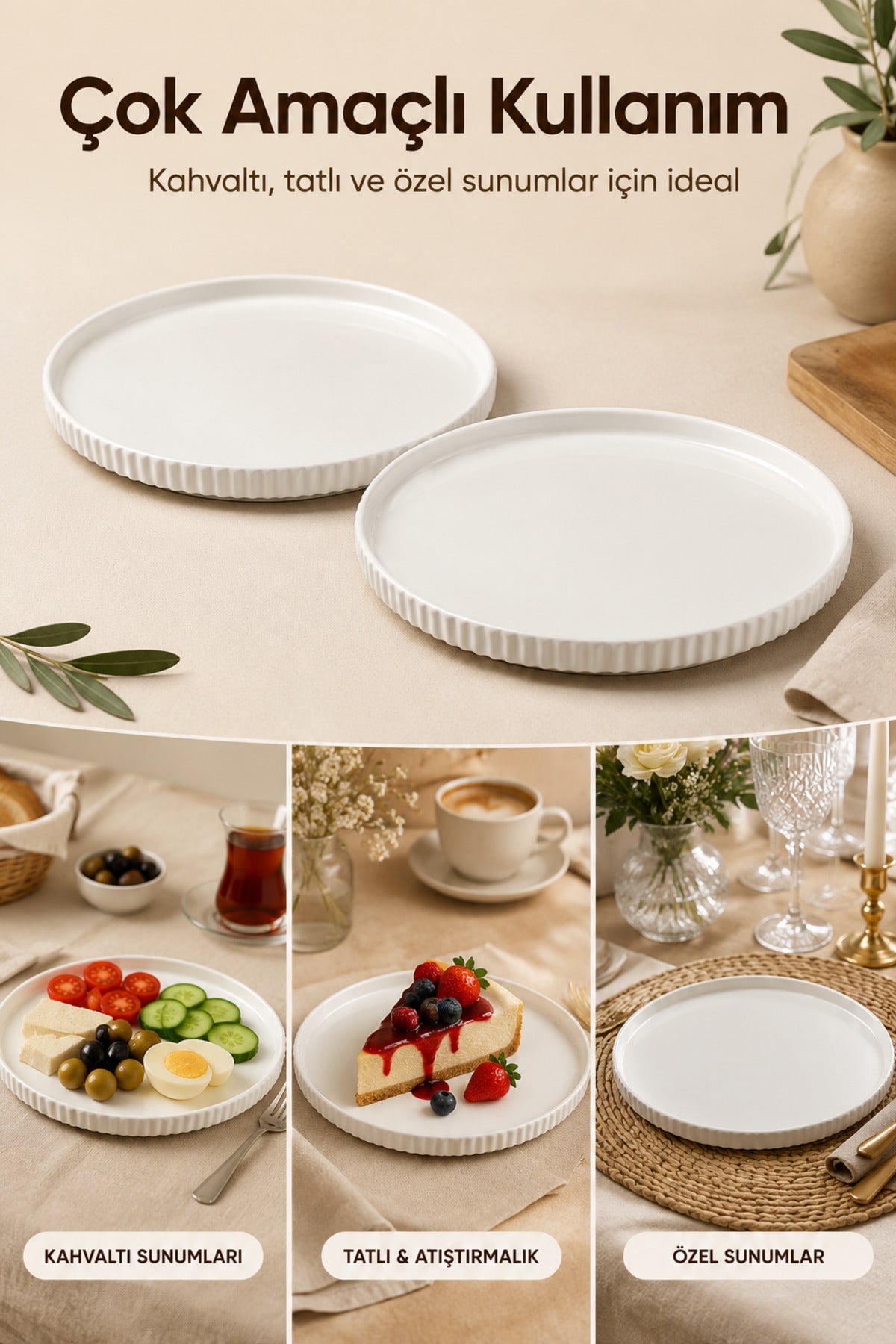 2 Parça 24 cm Porselen Servis Tabağı Seti - Modern Çizgili Yuvarlak Sunum Tabağı