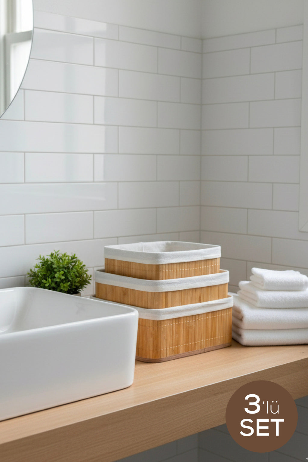 3'lü Set Kare Bambu Organizer Sepet | Banyo Mutfak Dolap İçi