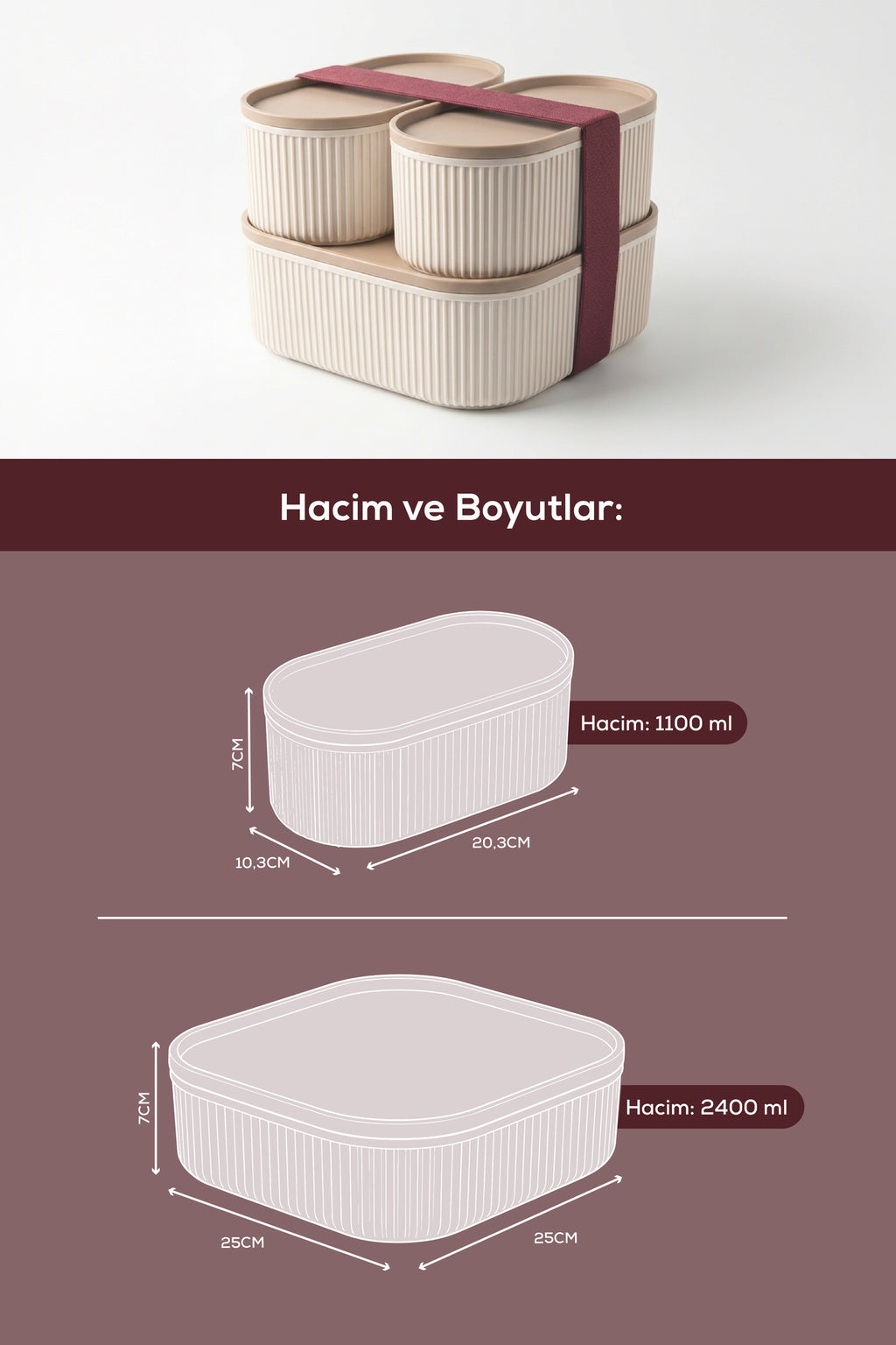 3'lü Elastik Bantlı İstiflenebilir Pratik Saklama Kabı Seti 2x(1100 ml) 1x(2600 ml) Bej