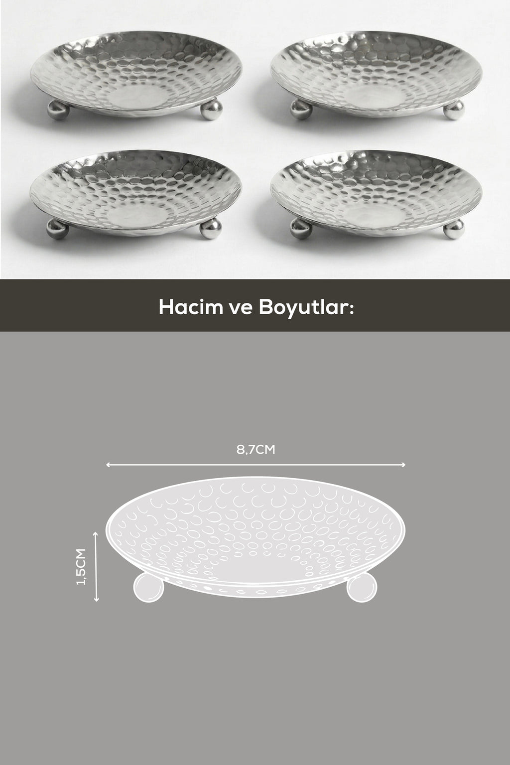 4'lü Gümüş Renk Metal Mini Lokumluk - Dövme Desenli Sunum Tabağı