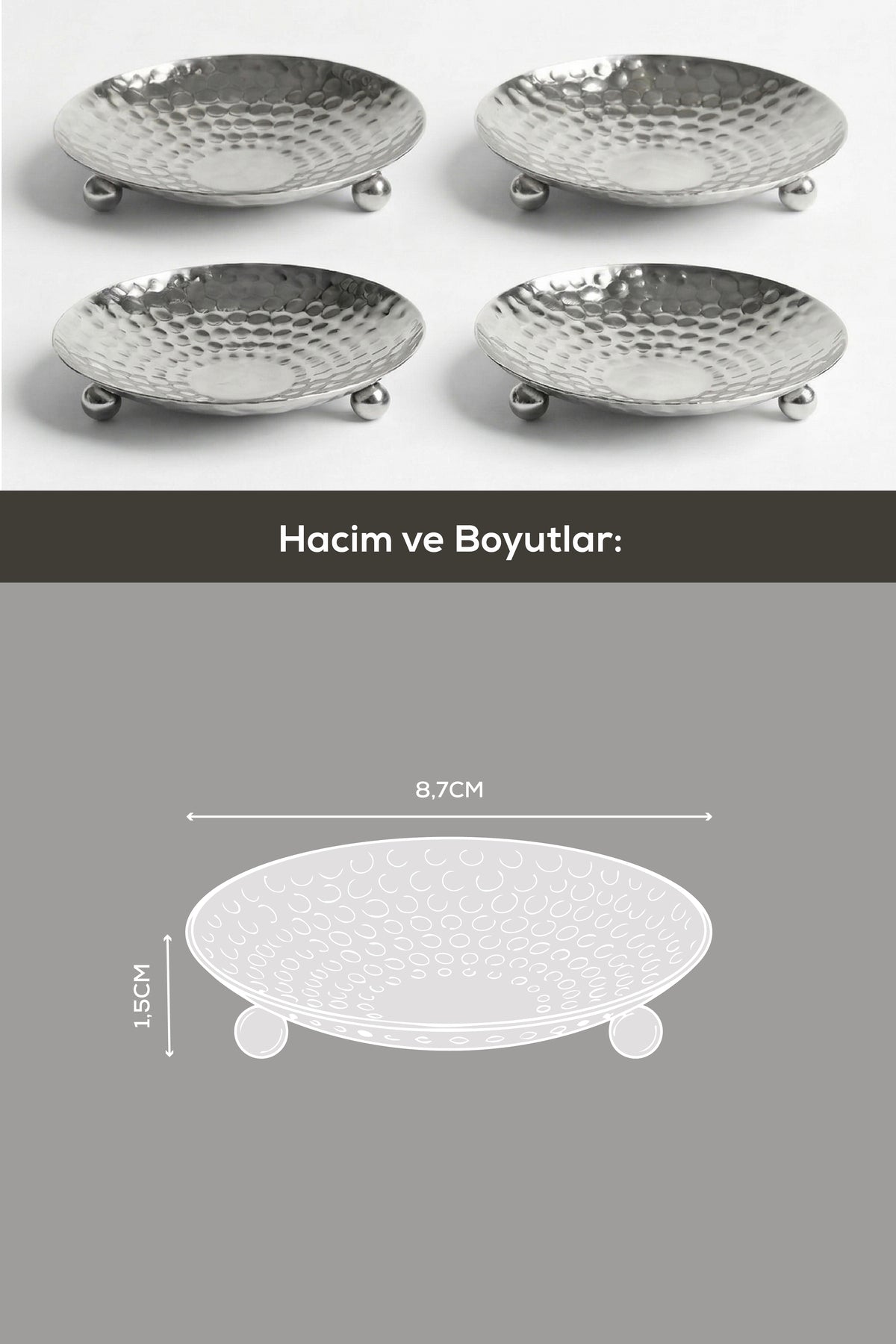 4'lü Gümüş Renk Metal Mini Lokumluk - Dövme Desenli Sunum Tabağı