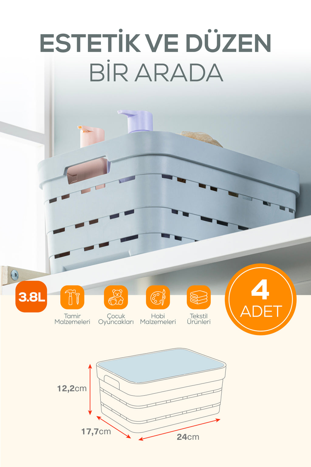 4'lü Kapaklı 3,8 Litre Delikli Saklama Kutusu Beyaz