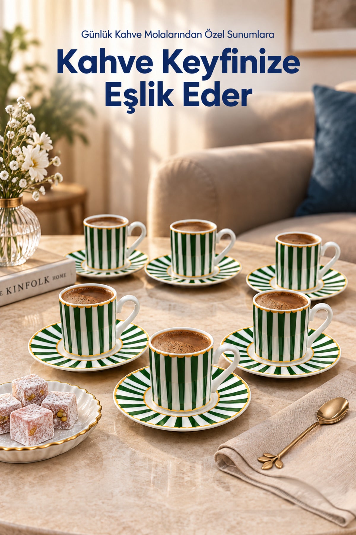 6 Kişilik Yeşil Çizgili Porselen Kahve Fincanı Takımı 12 Parça Altın Yaldız Detaylı Şık Sunum Seti